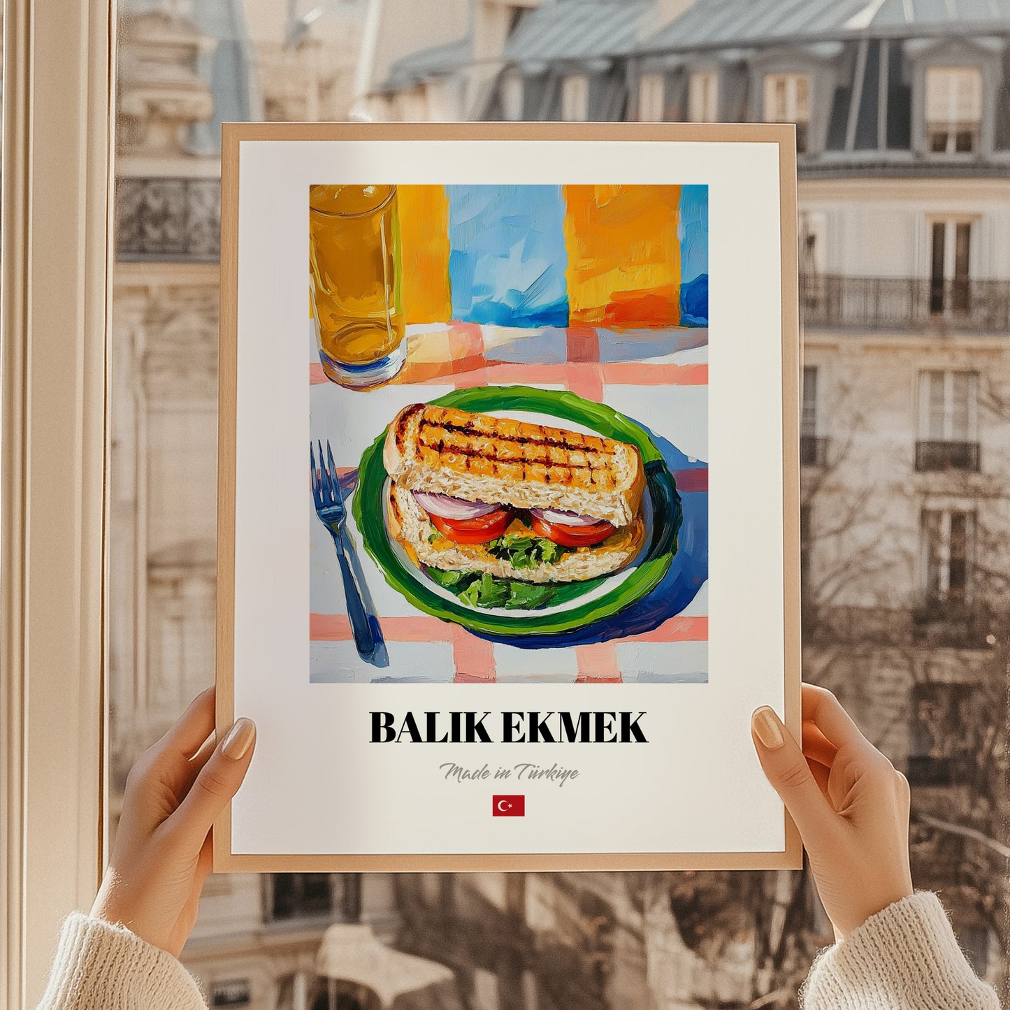 Balık Ekmek – Oil Painting, Turkish Food Illustration, styled in a charming Paris street view