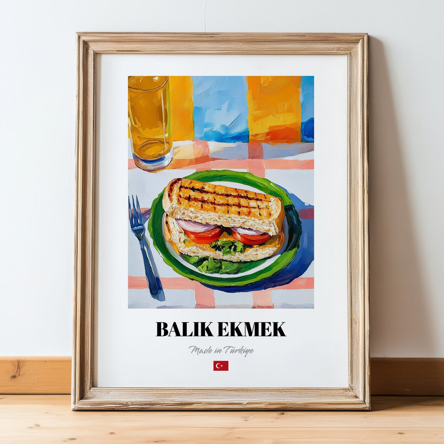 Balık Ekmek – Oil Painting, Turkish Food Illustration, in wooden frame leaning on the floor