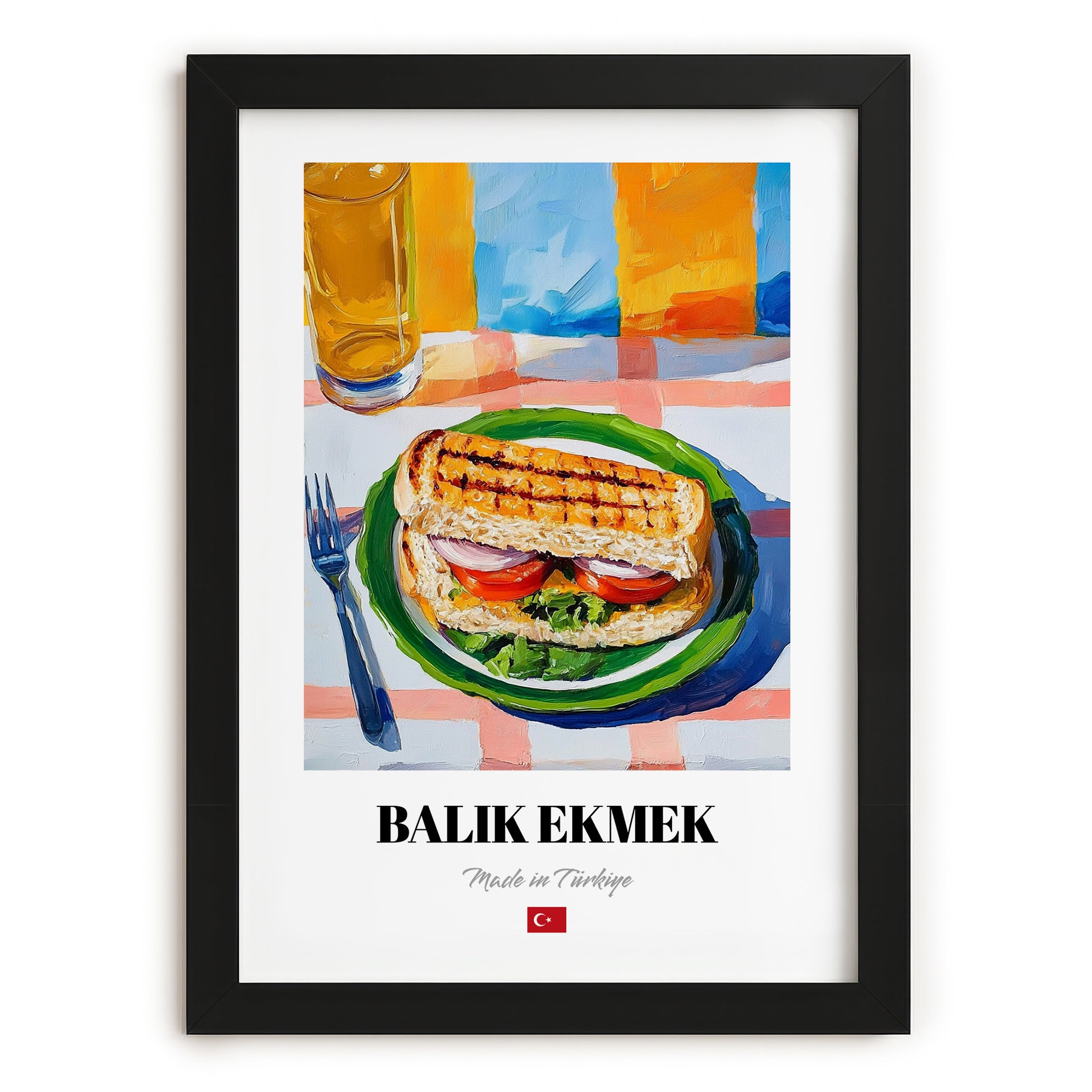 Balık Ekmek – Oil Painting, Turkish Food Illustration, in sleek black frame