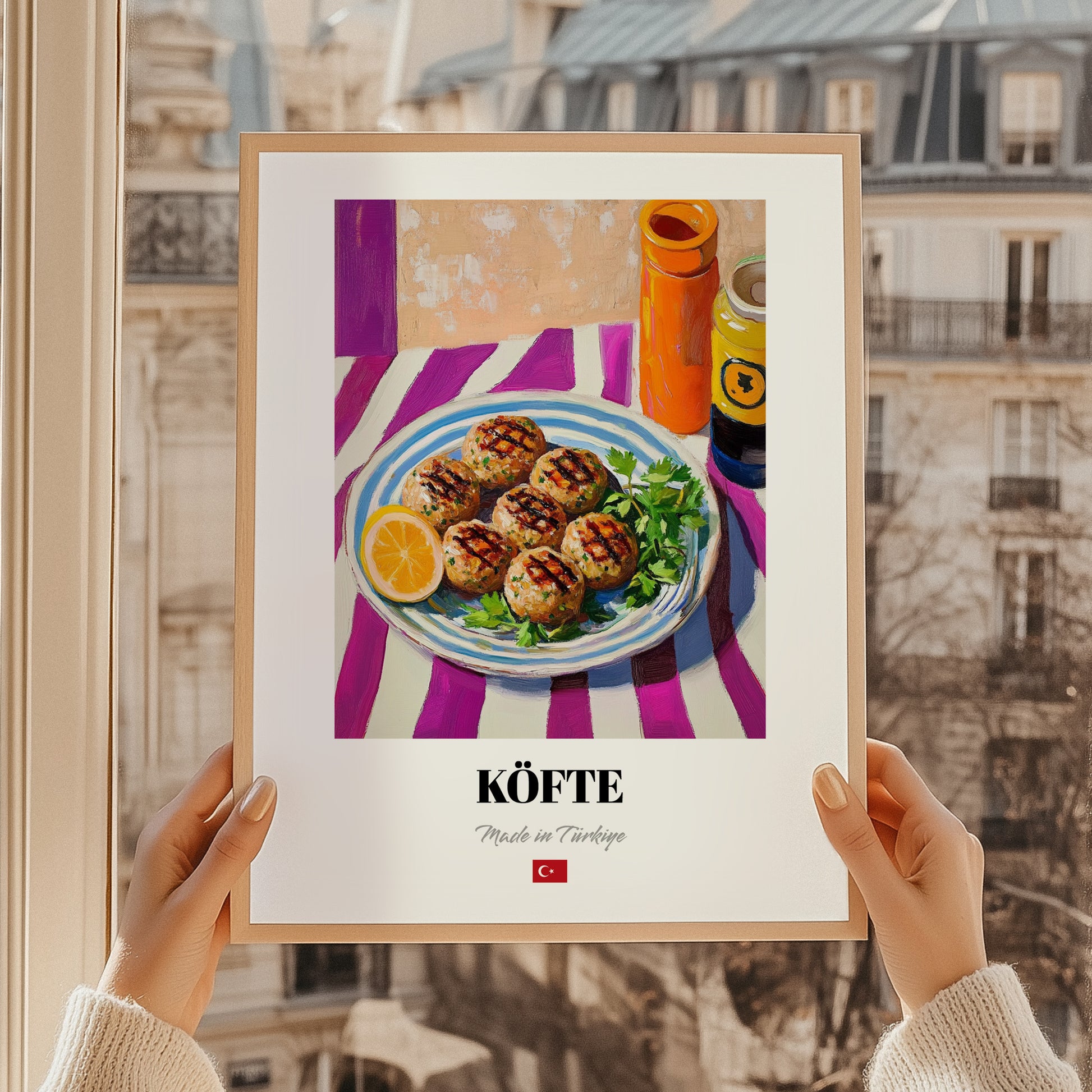 Köfte – Colorful Oil Painting, Turkish Food Painting, styled in a charming Paris street view