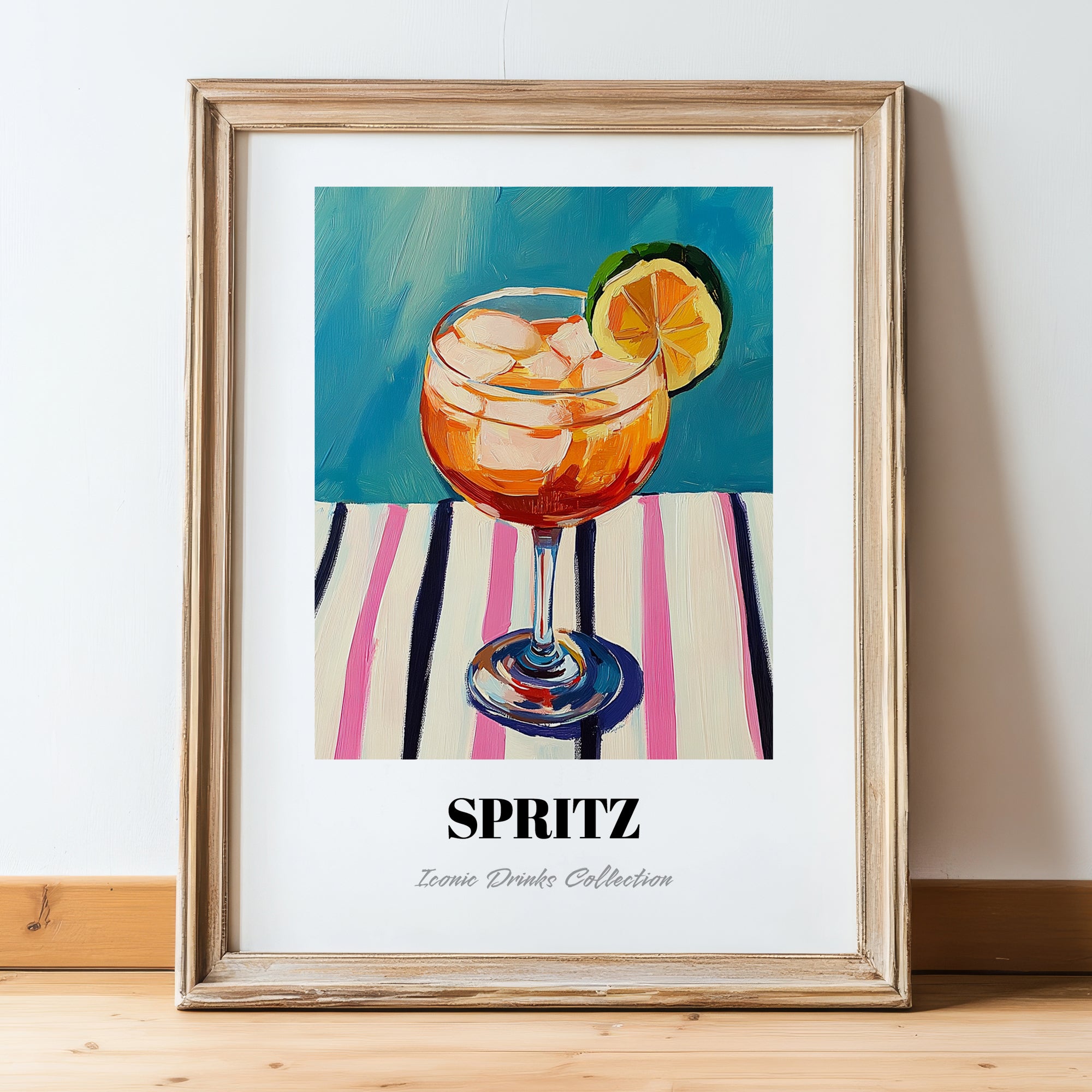 Spritz – on Striped Tablecloth, Italian Cocktail Poster, in wooden frame leaning on the floor