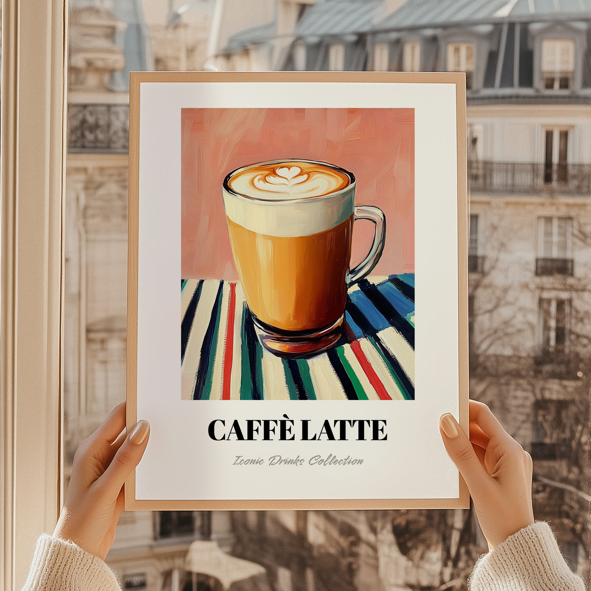 Caffè Latte – on Striped Tablecloth, Italian Coffee Wall Decor, styled in a charming Paris street view