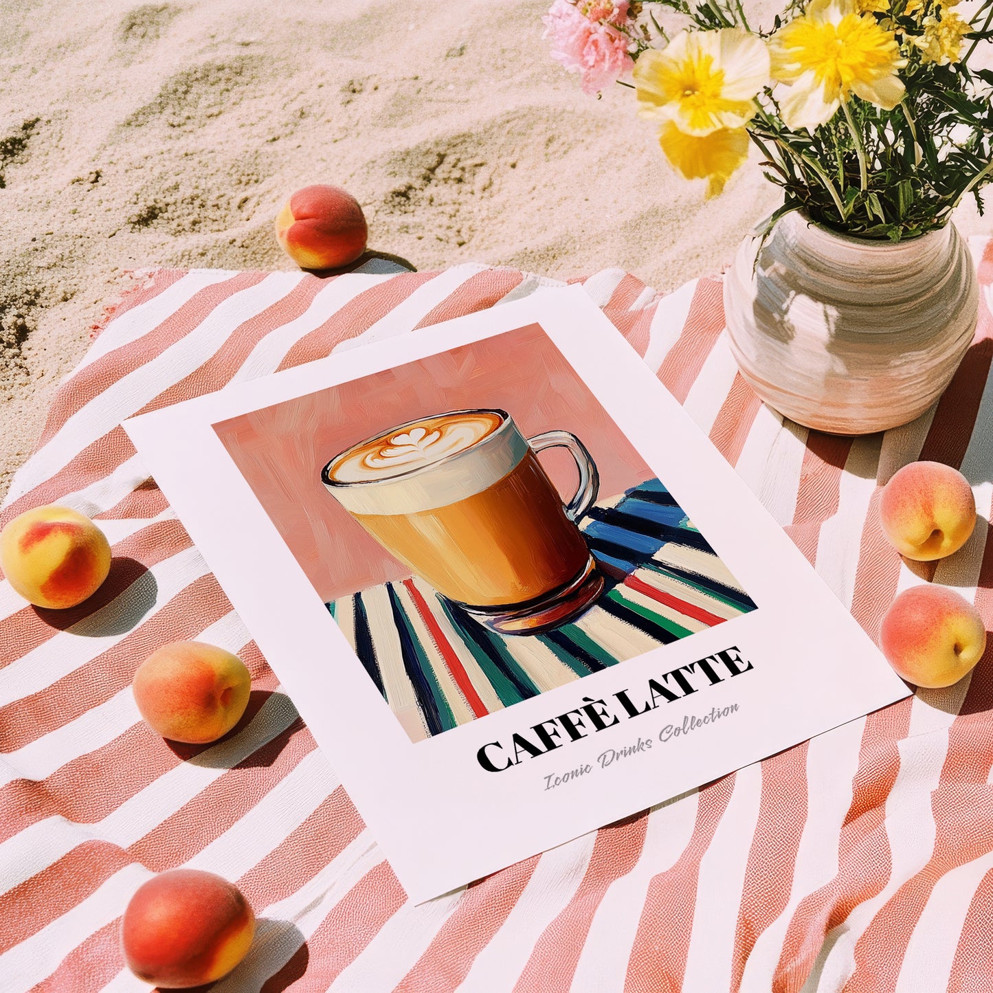 Caffè Latte – on Striped Tablecloth, Italian Coffee Wall Decor, unframed on coastal sand