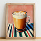 Caffè Latte – on Striped Tablecloth, Italian Coffee Wall Decor, no-text version framed in wood