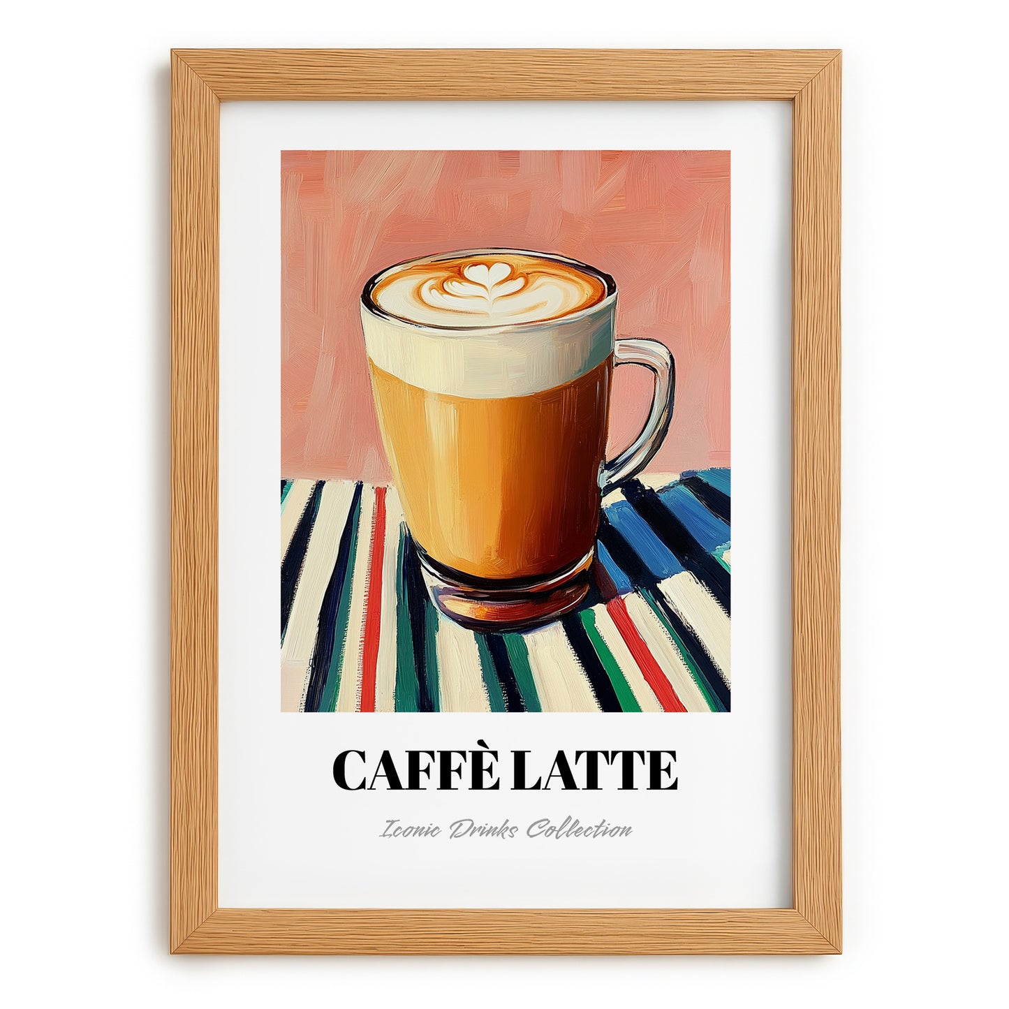 Caffè Latte – on Striped Tablecloth, Italian Coffee Wall Decor, set in oak frame