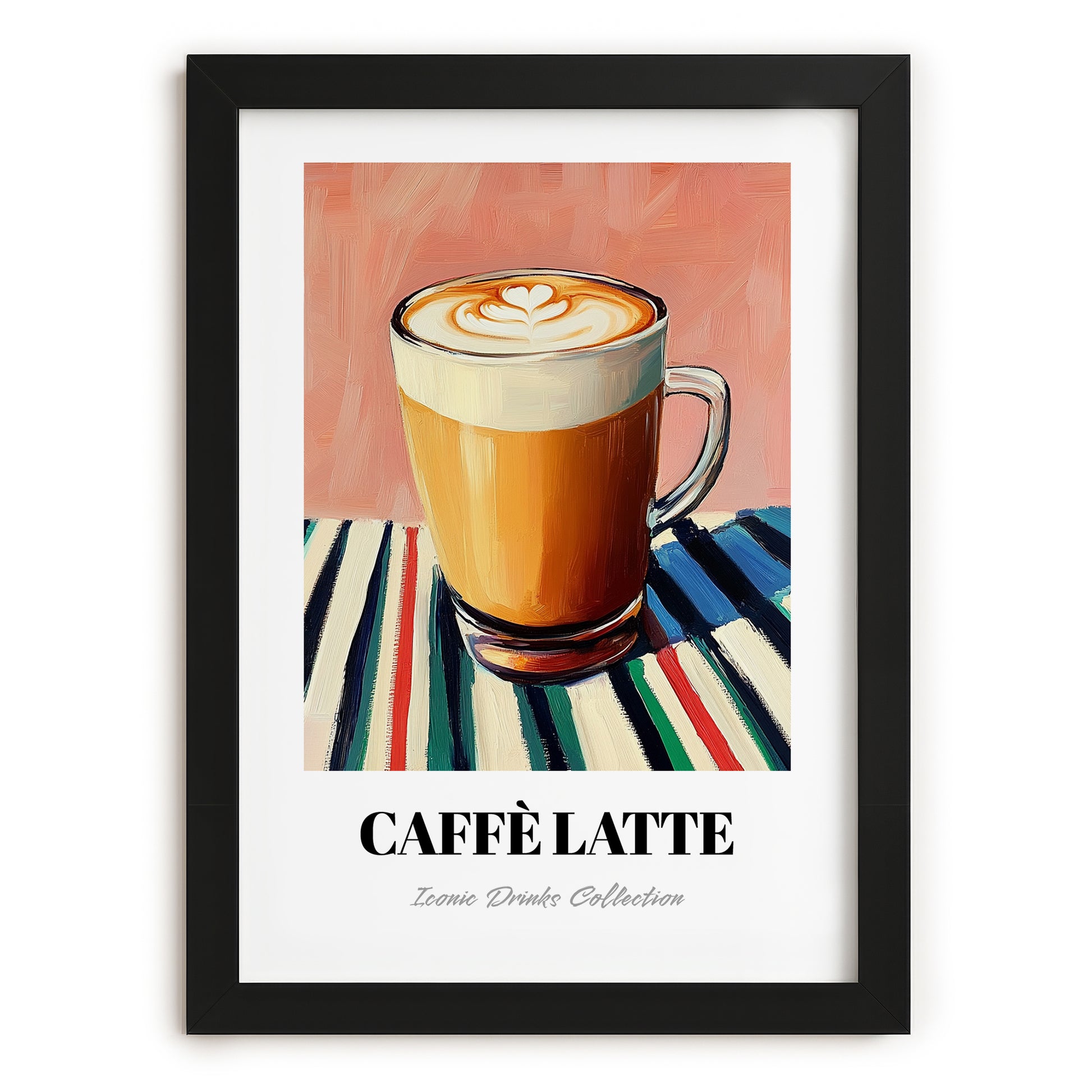 Caffè Latte – on Striped Tablecloth, Italian Coffee Wall Decor, in sleek black frame
