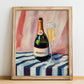 Prosecco – on Striped Tablecloth, Italian Wine Illustration, no-text version framed in wood