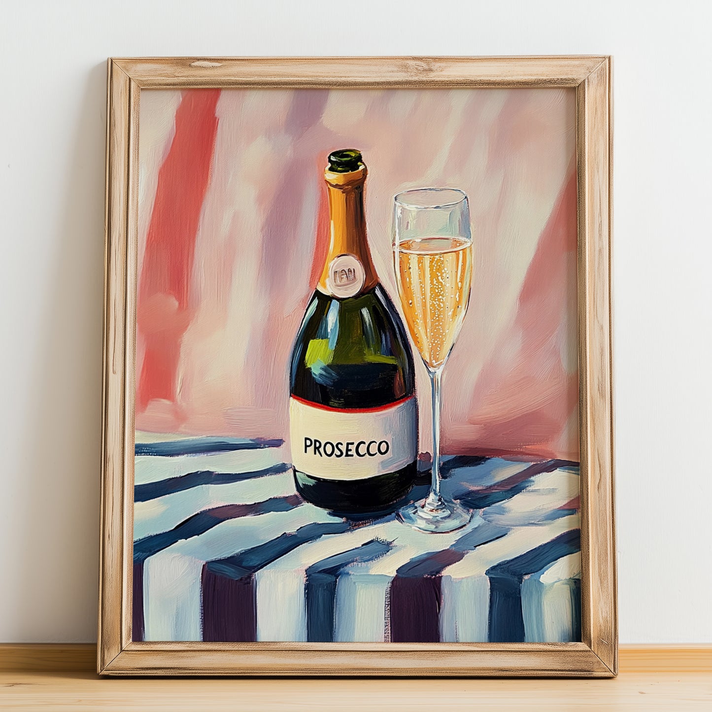 Prosecco – on Striped Tablecloth, Italian Wine Illustration, no-text version framed in wood