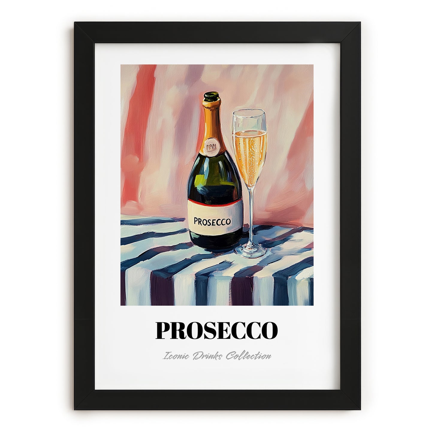 Prosecco – on Striped Tablecloth, Italian Wine Illustration, in sleek black frame