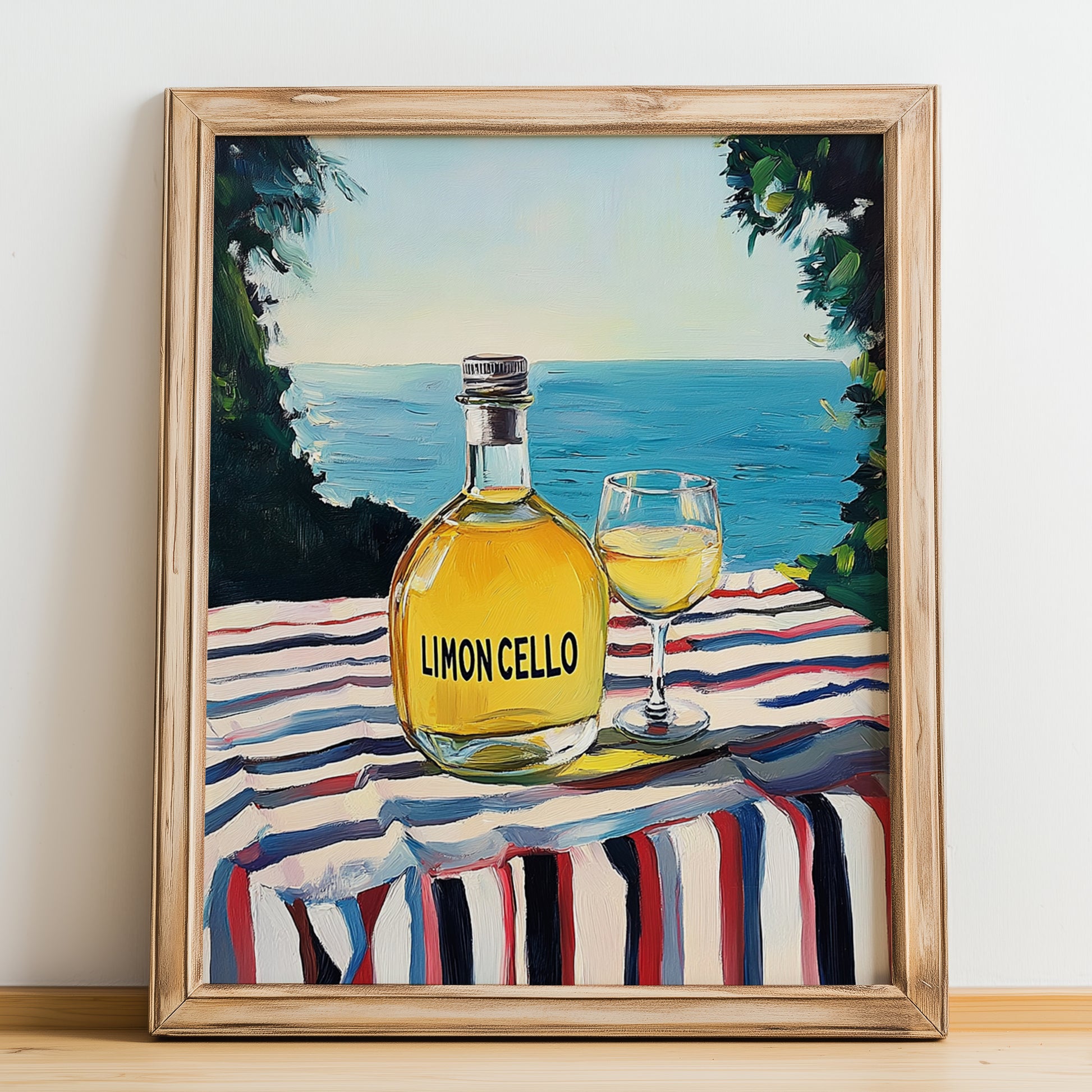 Limoncello – Italian Seaside Café Scene, Italian Spirit Wall Art, no-text version framed in wood