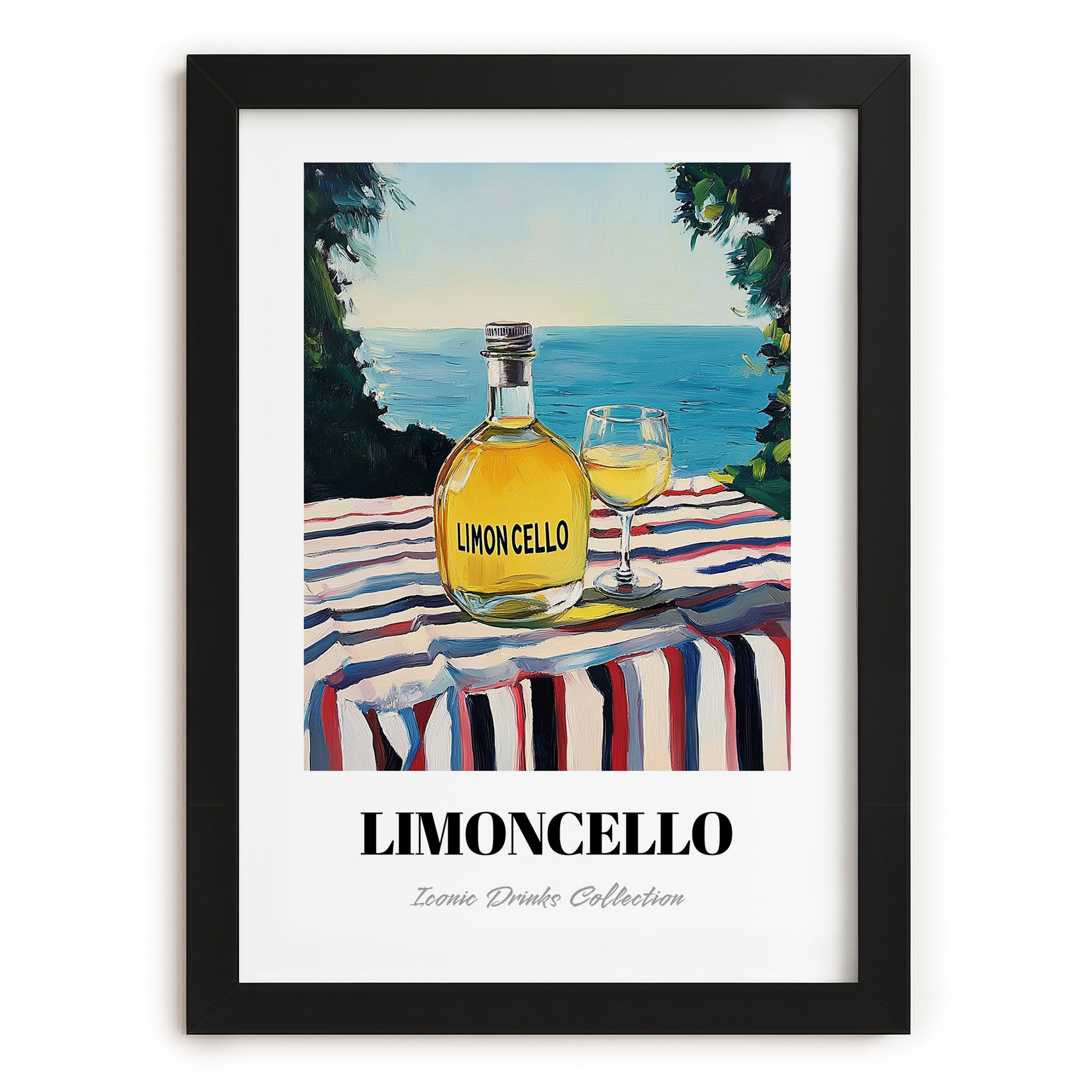 Limoncello – Italian Seaside Café Scene, Italian Spirit Wall Art, in sleek black frame