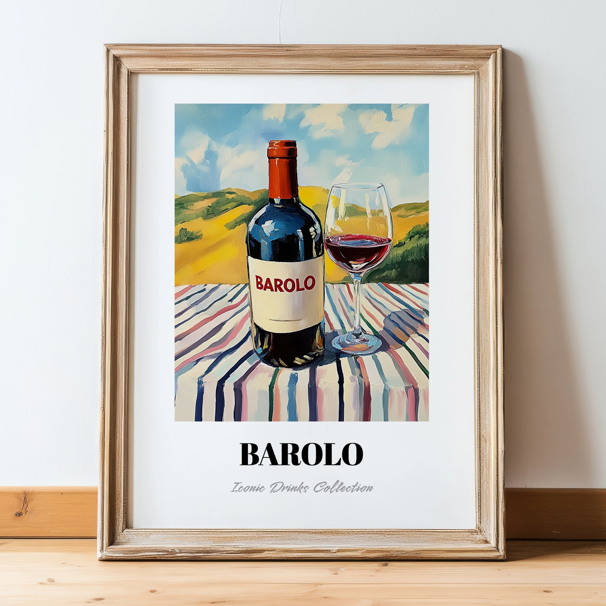 Barolo – Italian Hilltop Table Scene, Italian Wine Painting, in wooden frame leaning on the floor