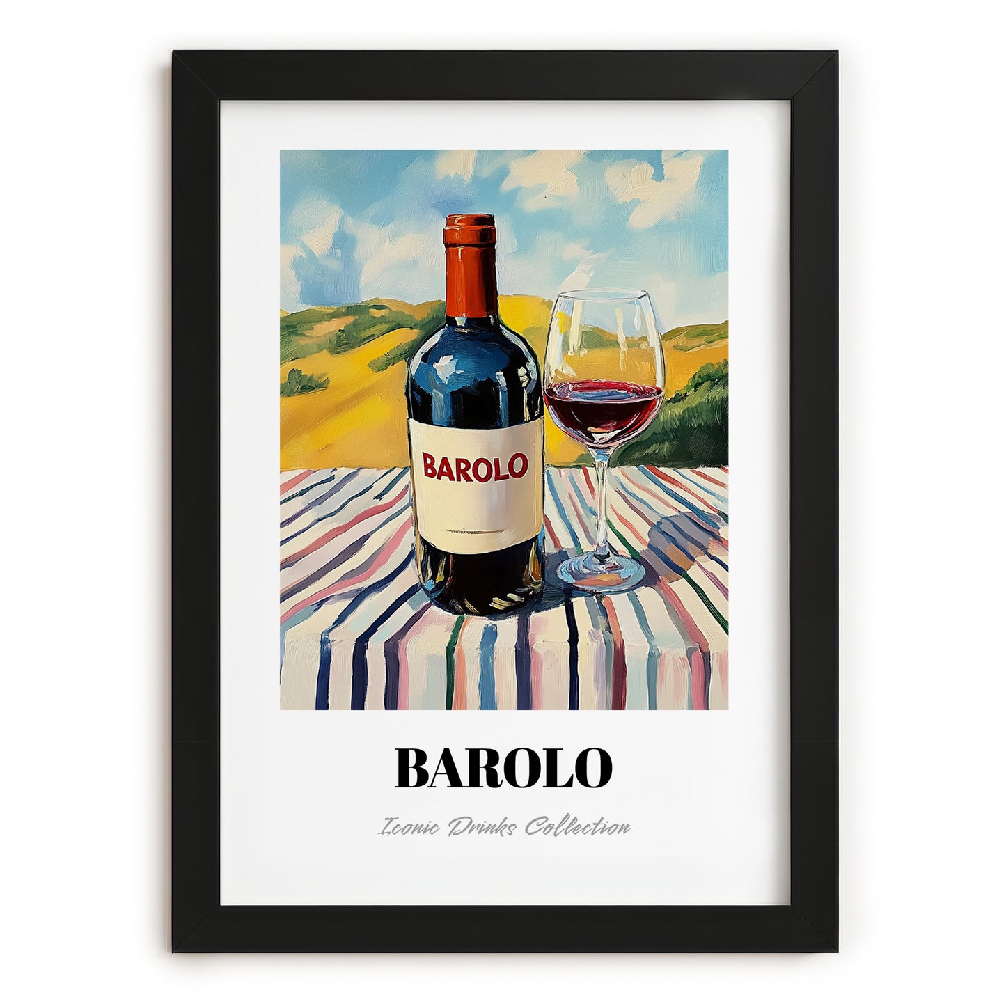 Barolo – Italian Hilltop Table Scene, Italian Wine Painting, in sleek black frame