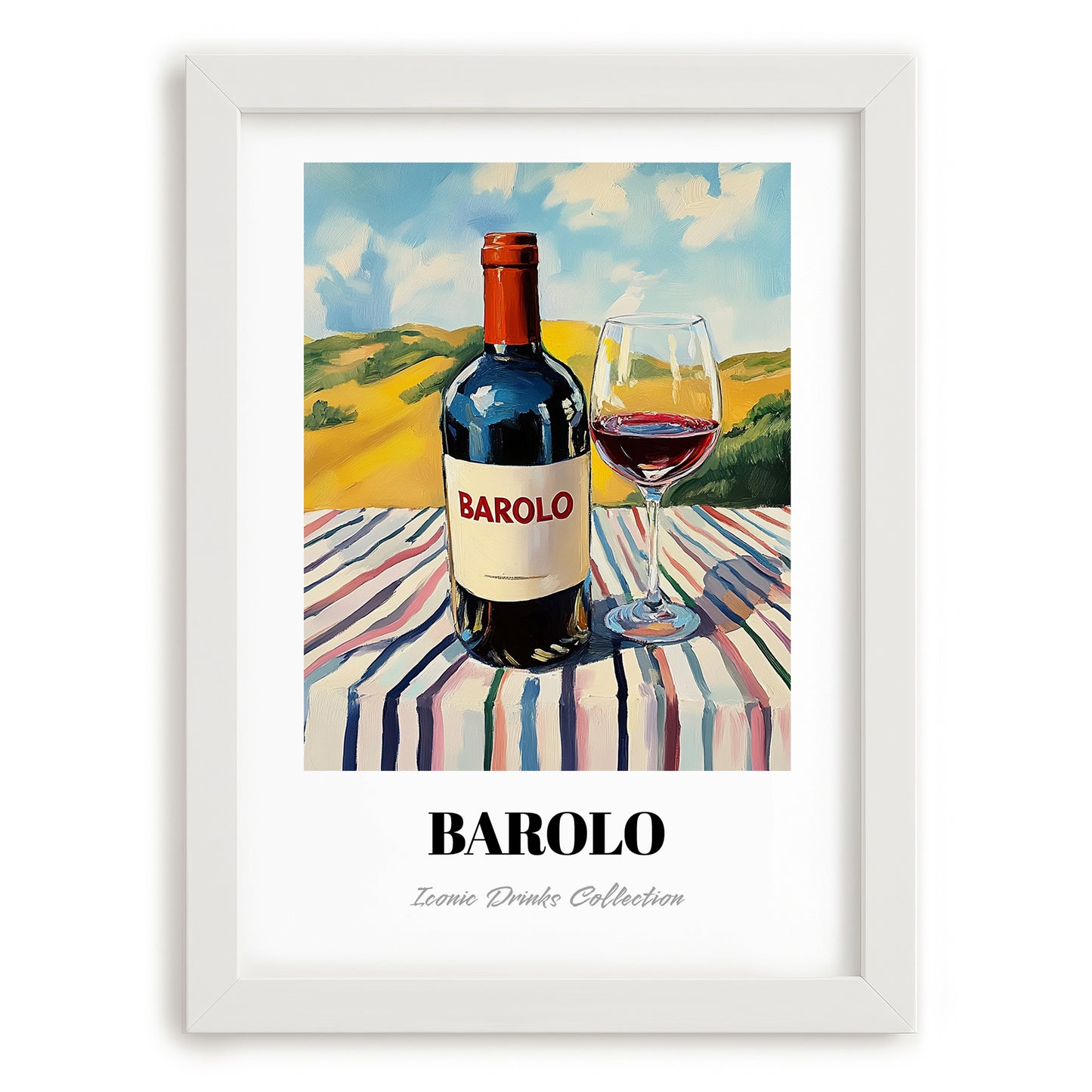 Barolo – Italian Hilltop Table Scene, Italian Wine Painting, placed in minimal white frame