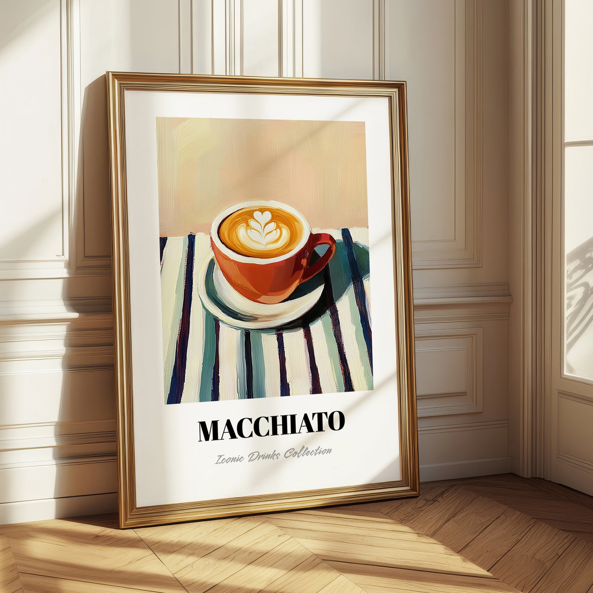 Macchiato – on Striped Tablecloth, Italian Coffee Print