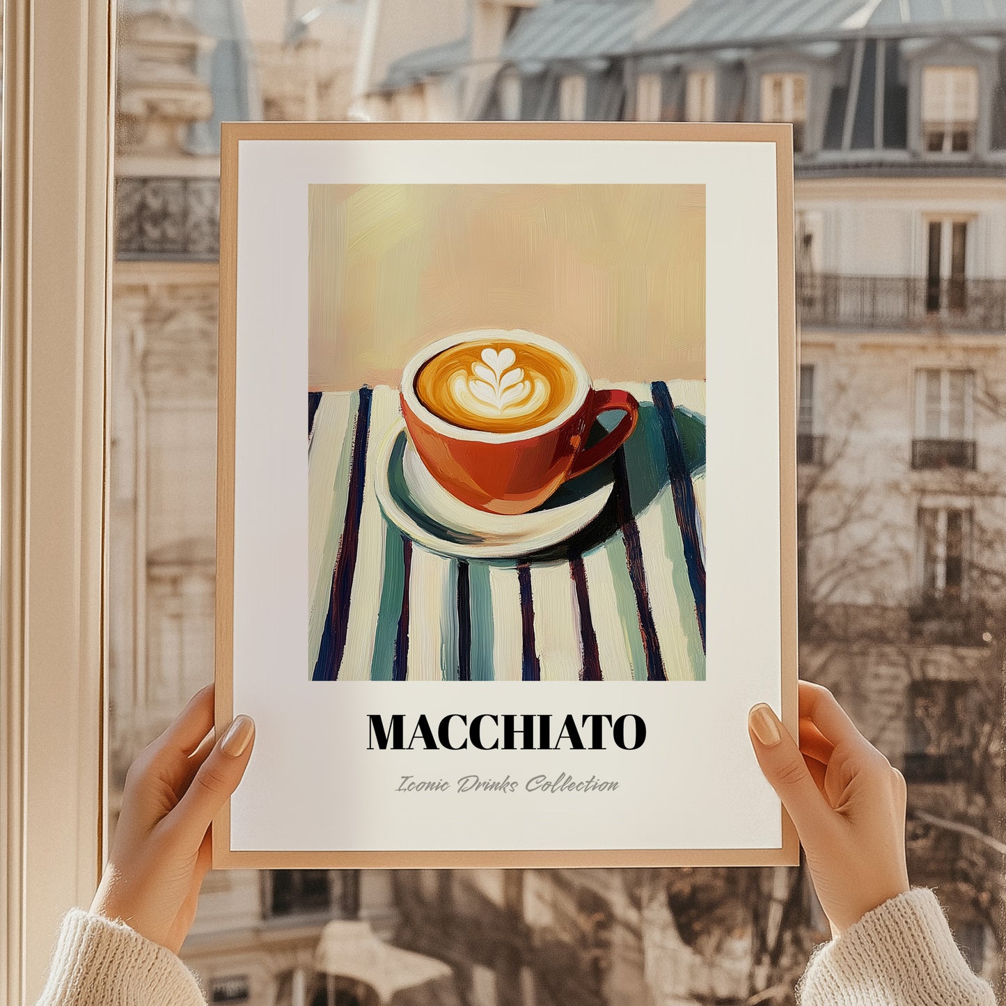 Macchiato – on Striped Tablecloth, Italian Coffee Print, styled in a charming Paris street view