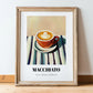 Macchiato – on Striped Tablecloth, Italian Coffee Print, in wooden frame leaning on the floor