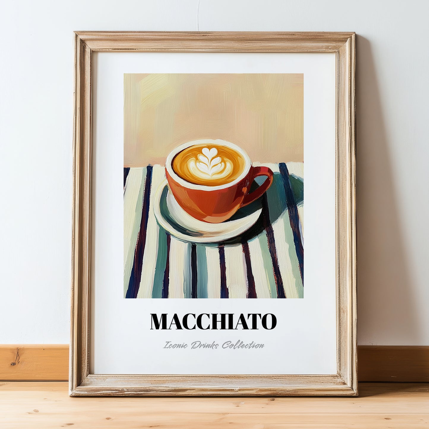 Macchiato – on Striped Tablecloth, Italian Coffee Print, in wooden frame leaning on the floor