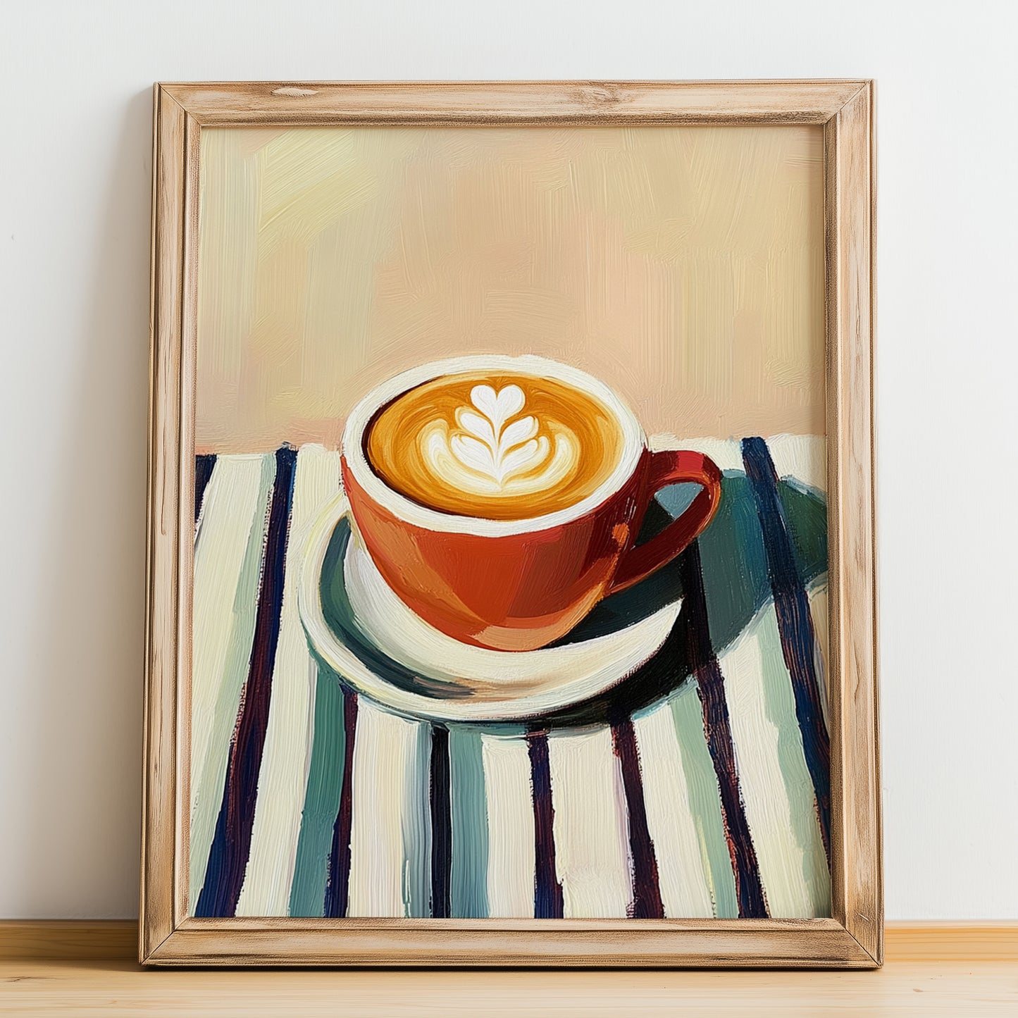 Macchiato – on Striped Tablecloth, Italian Coffee Print, no-text version framed in wood