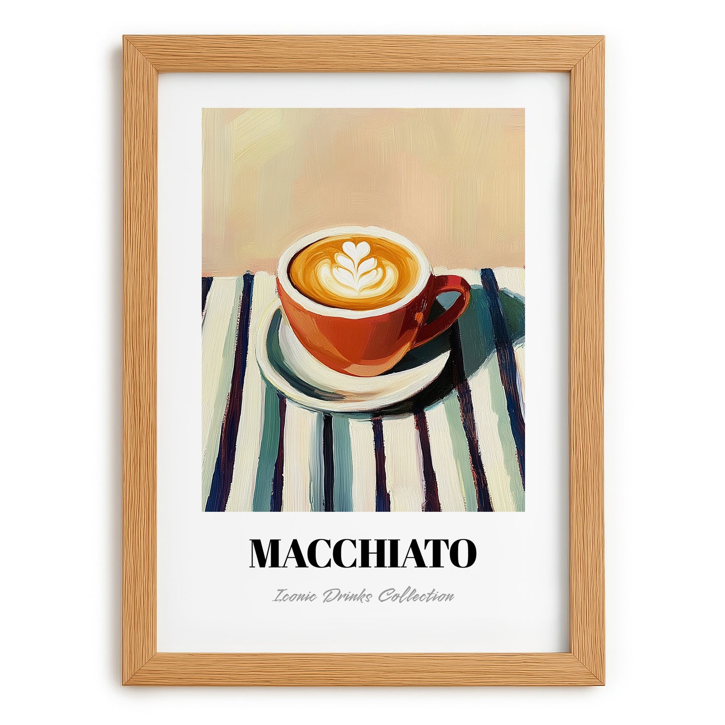 Macchiato – on Striped Tablecloth, Italian Coffee Print, set in oak frame