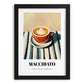 Macchiato – on Striped Tablecloth, Italian Coffee Print, in sleek black frame