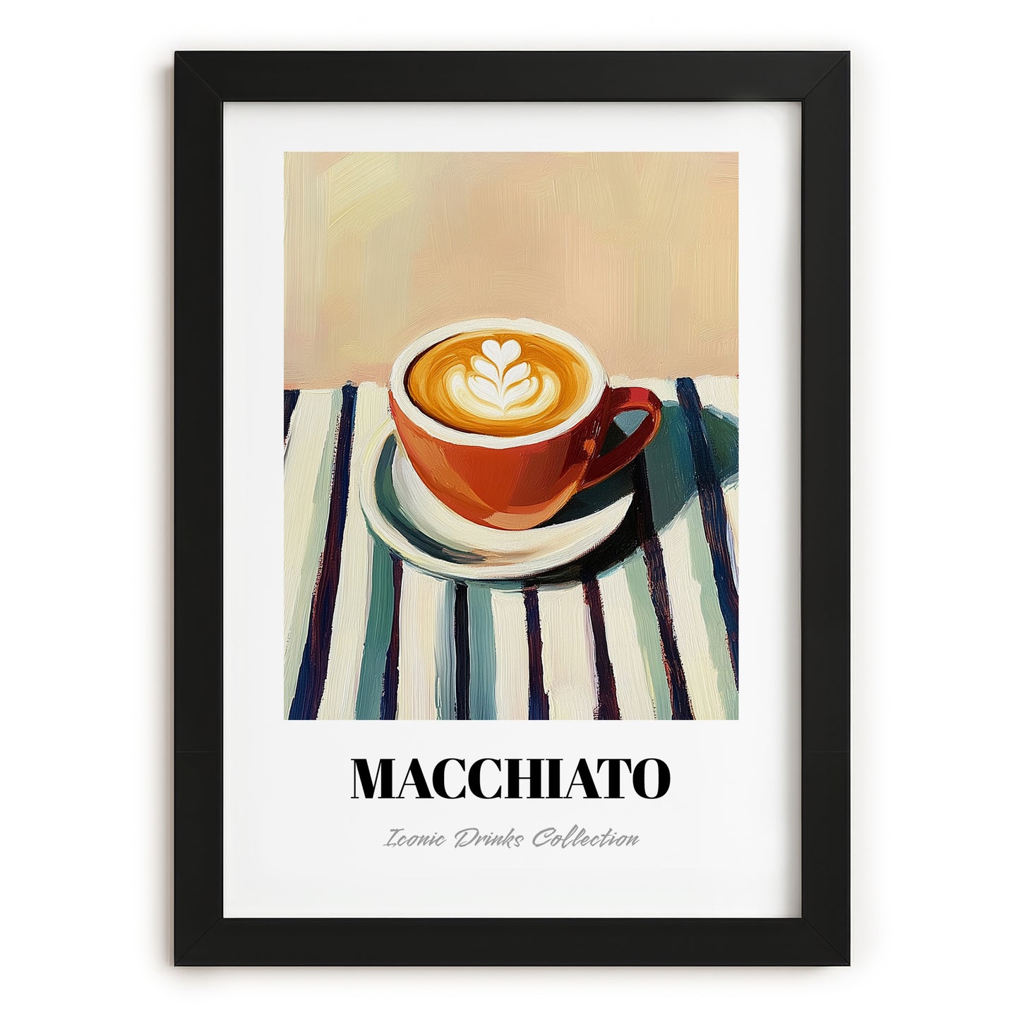 Macchiato – on Striped Tablecloth, Italian Coffee Print, in sleek black frame