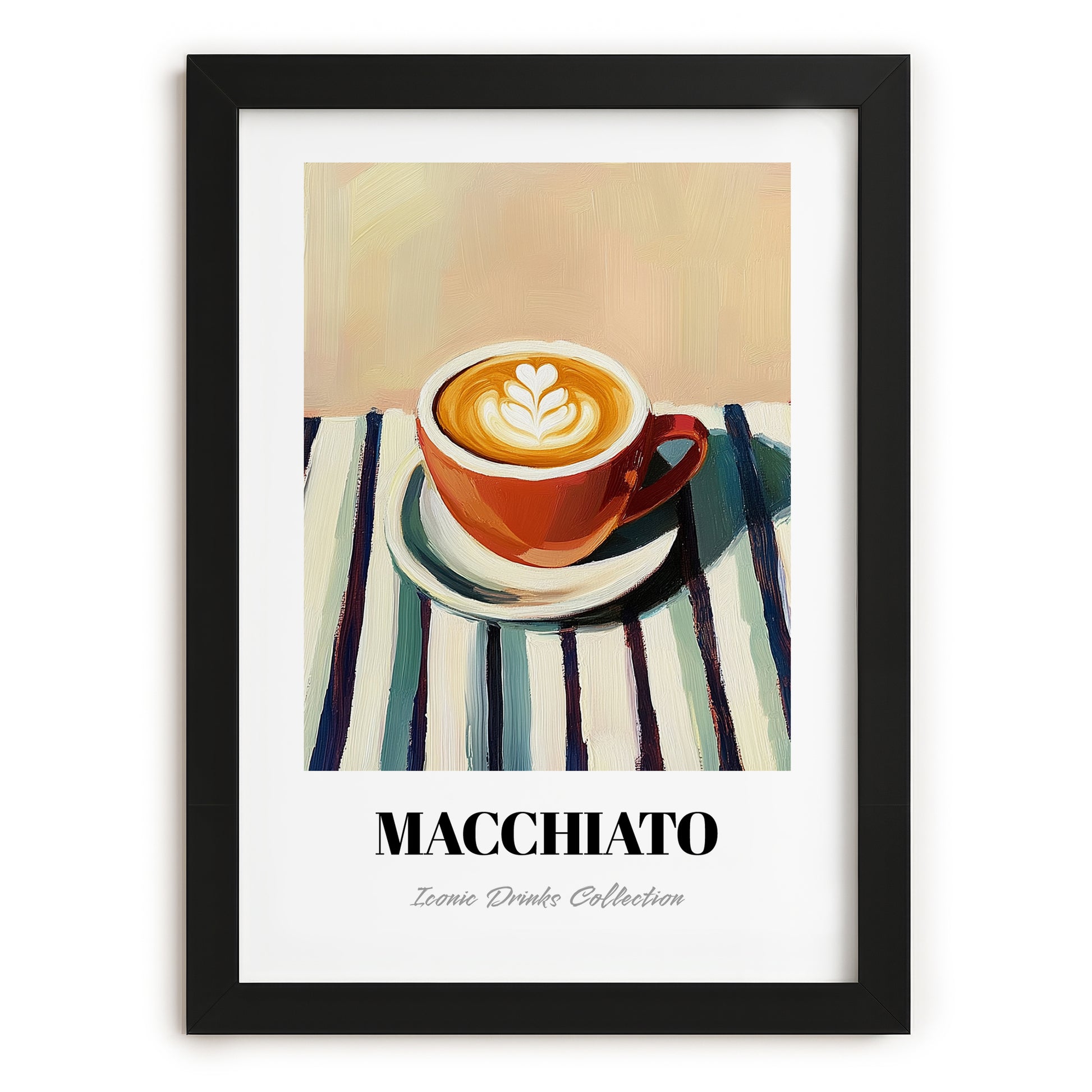 Macchiato – on Striped Tablecloth, Italian Coffee Print, in sleek black frame