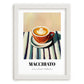 Macchiato – on Striped Tablecloth, Italian Coffee Print, placed in minimal white frame