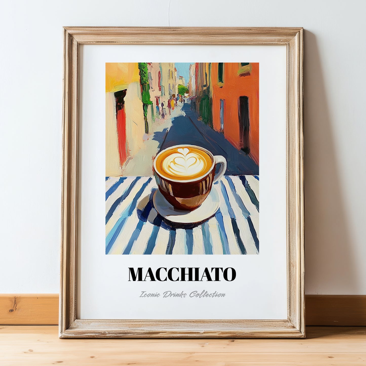 Macchiato – Italian Café on the Corner, Italian Coffee Poster, in wooden frame leaning on the floor