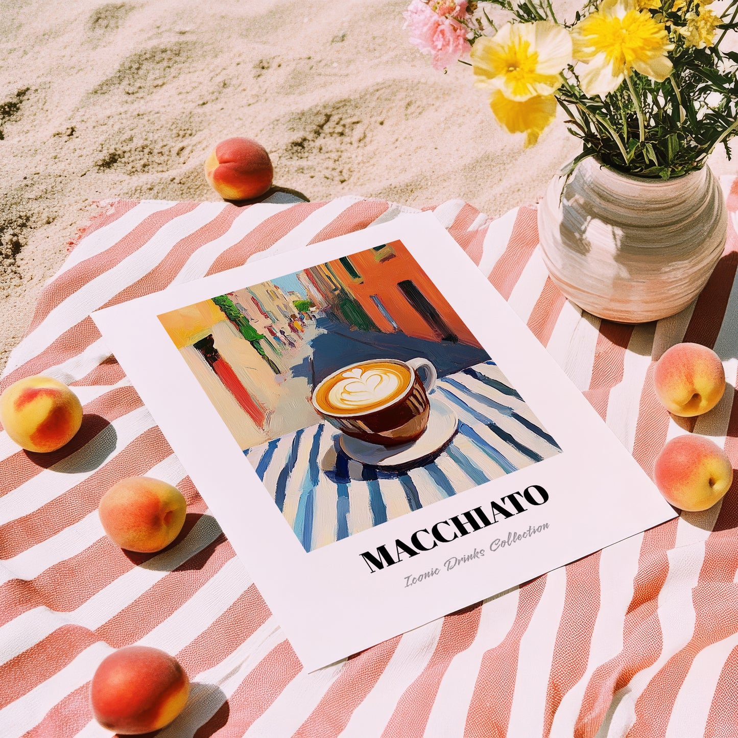 Macchiato – Italian Café on the Corner, Italian Coffee Poster, unframed on coastal sand