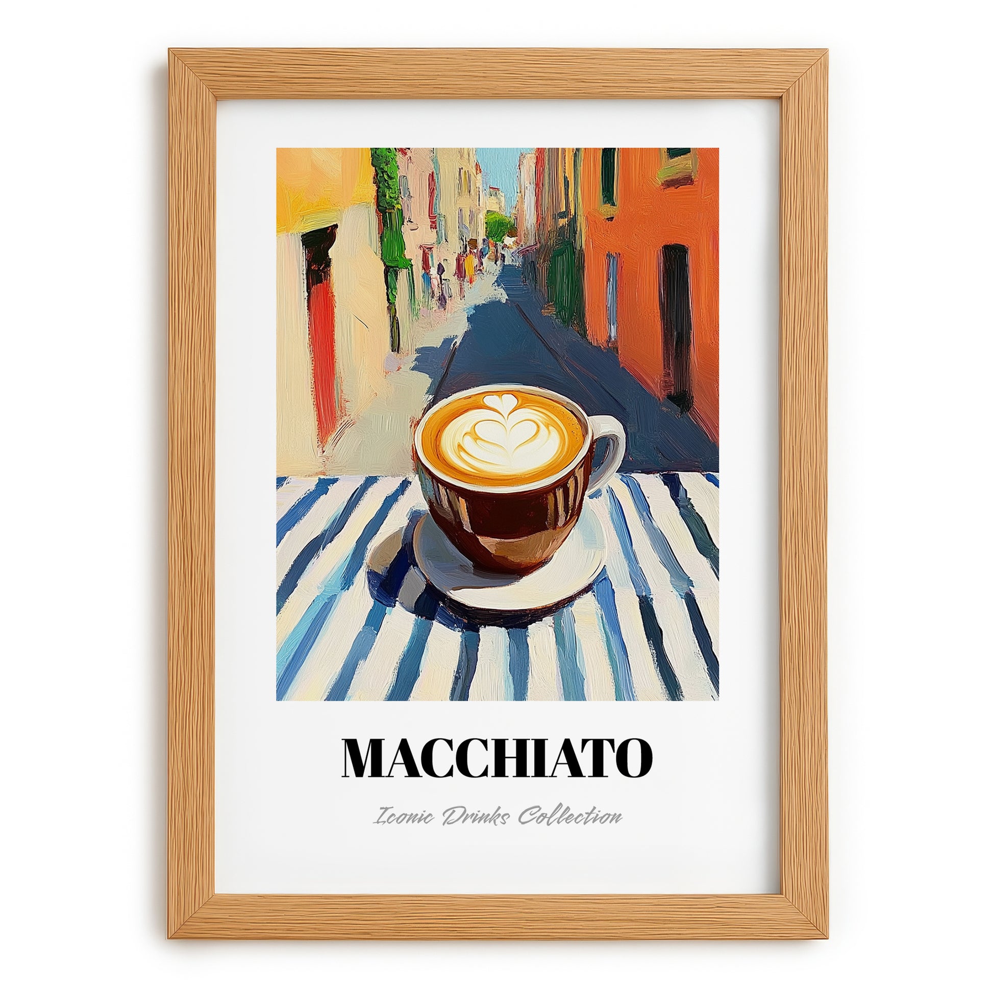 Macchiato – Italian Café on the Corner, Italian Coffee Poster, set in oak frame