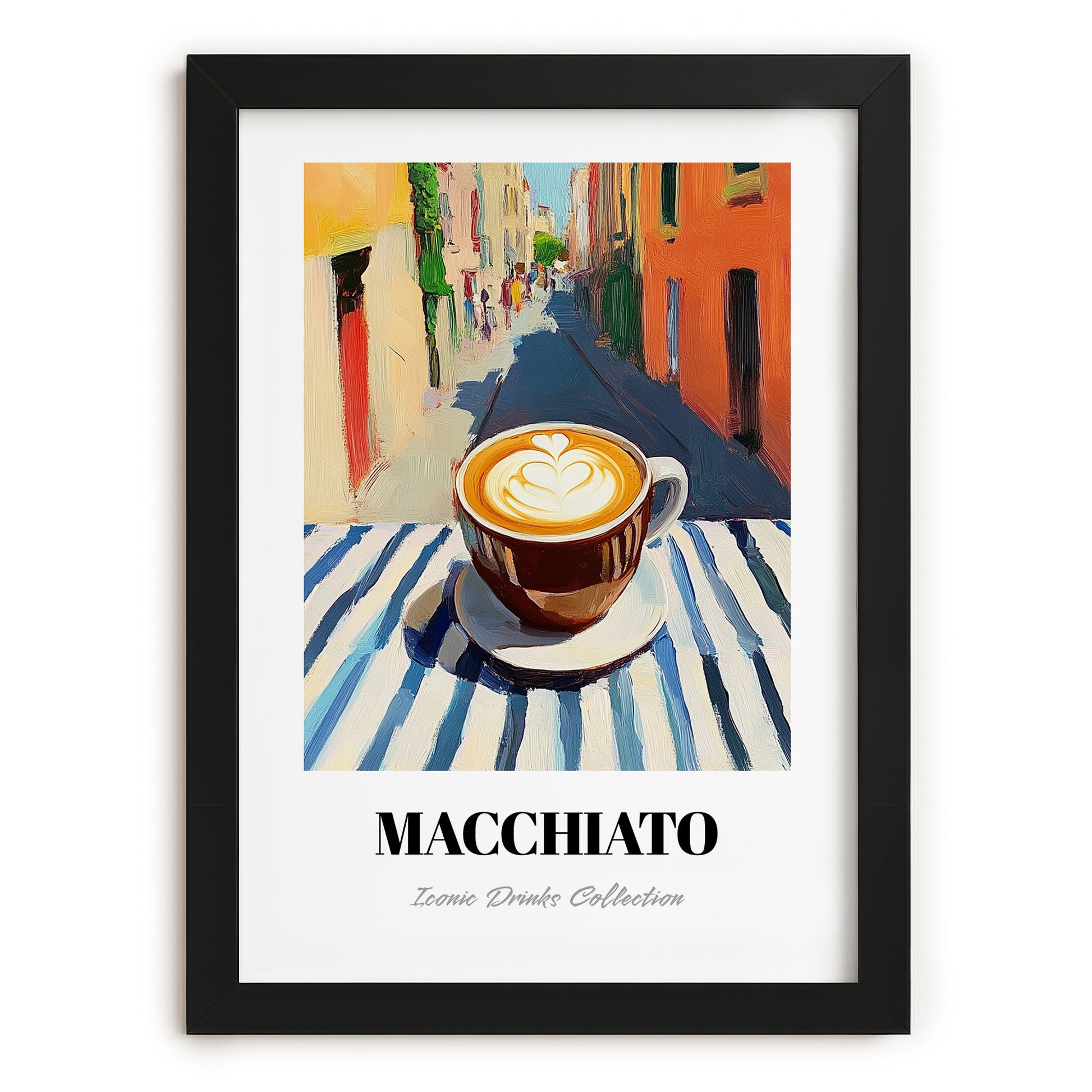 Macchiato – Italian Café on the Corner, Italian Coffee Poster, in sleek black frame