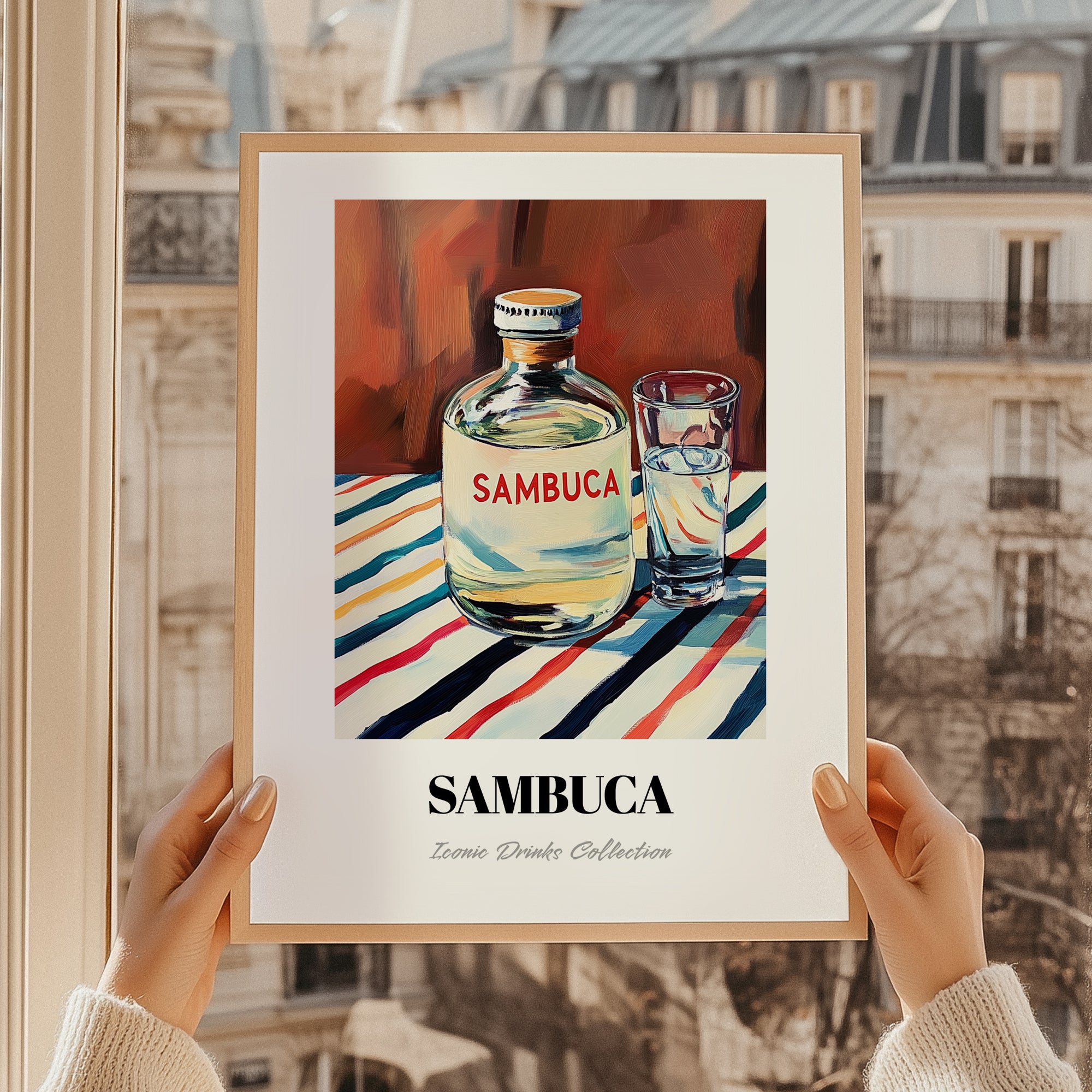 Sambuca – on Striped Tablecloth, Italian Spirit Wall Decor, styled in a charming Paris street view