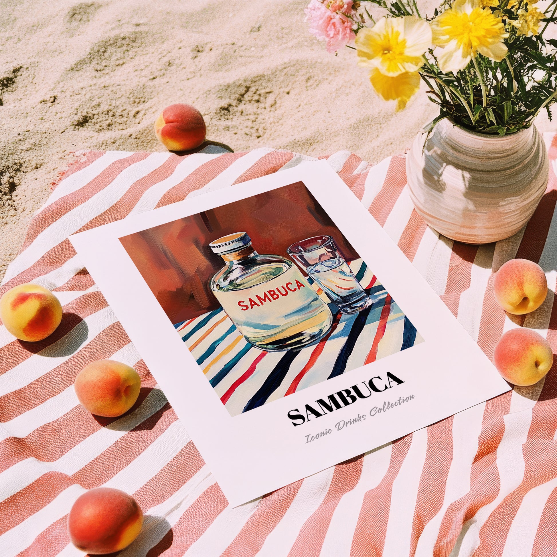 Sambuca – on Striped Tablecloth, Italian Spirit Wall Decor, unframed on coastal sand