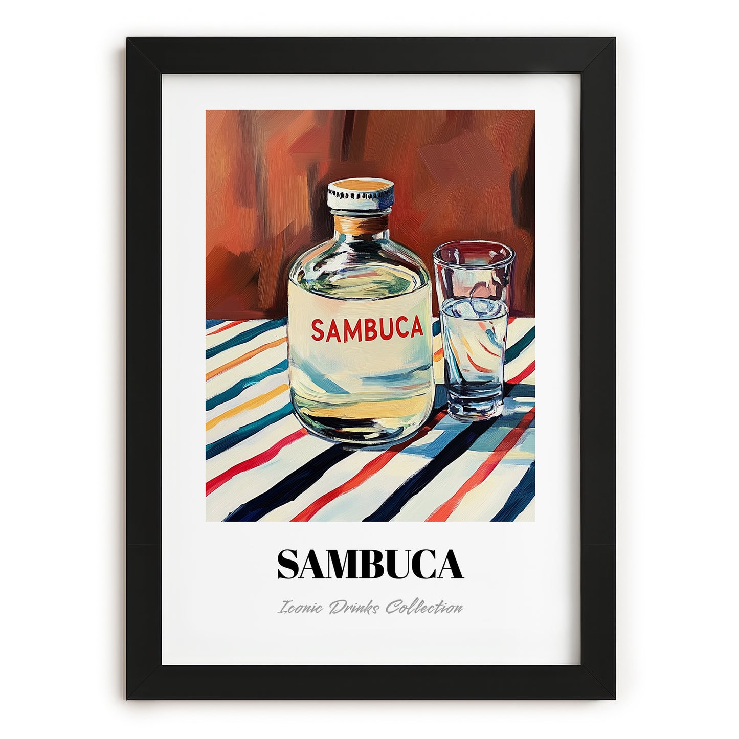 Sambuca – on Striped Tablecloth, Italian Spirit Wall Decor, in sleek black frame