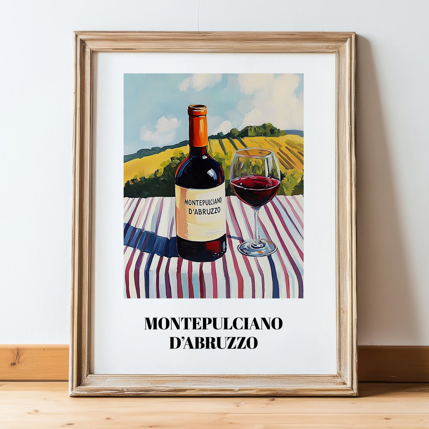 Montepulciano d'Abruzzo – Italian Hillside Café View, Italian Wine Wall Illustration, in wooden frame leaning on the floor