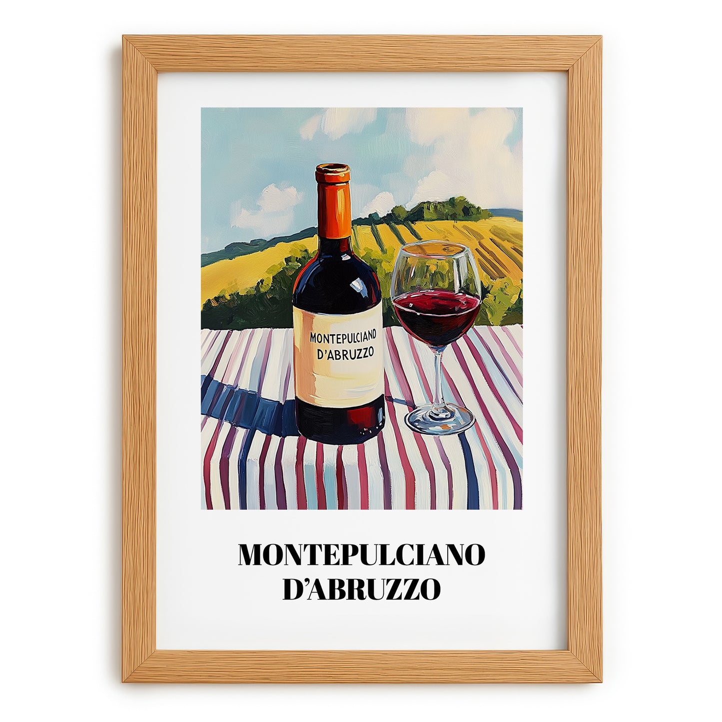 Montepulciano d'Abruzzo – Italian Hillside Café View, Italian Wine Wall Illustration, set in oak frame