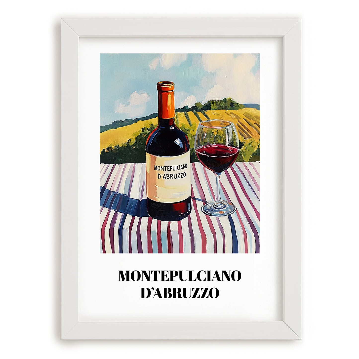 Montepulciano d'Abruzzo – Italian Hillside Café View, Italian Wine Wall Illustration, placed in minimal white frame