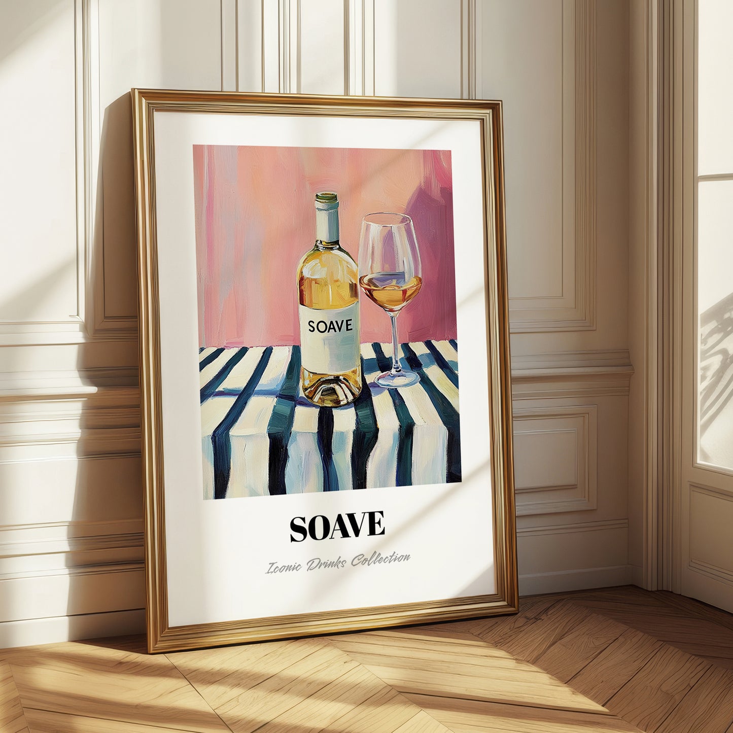 Soave – on Striped Tablecloth, Italian Wine Still Life