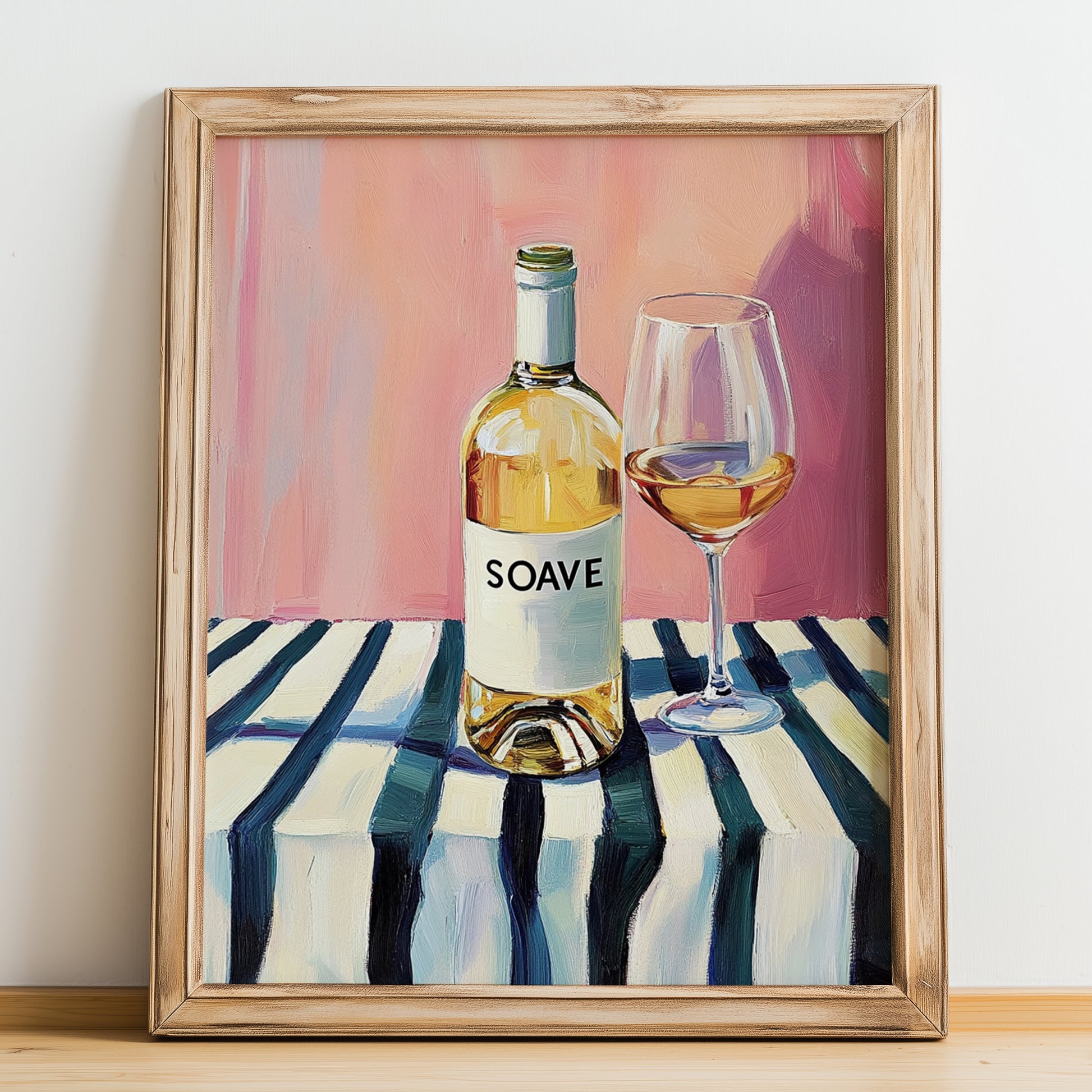 Soave – on Striped Tablecloth, Italian Wine Still Life, no-text version framed in wood
