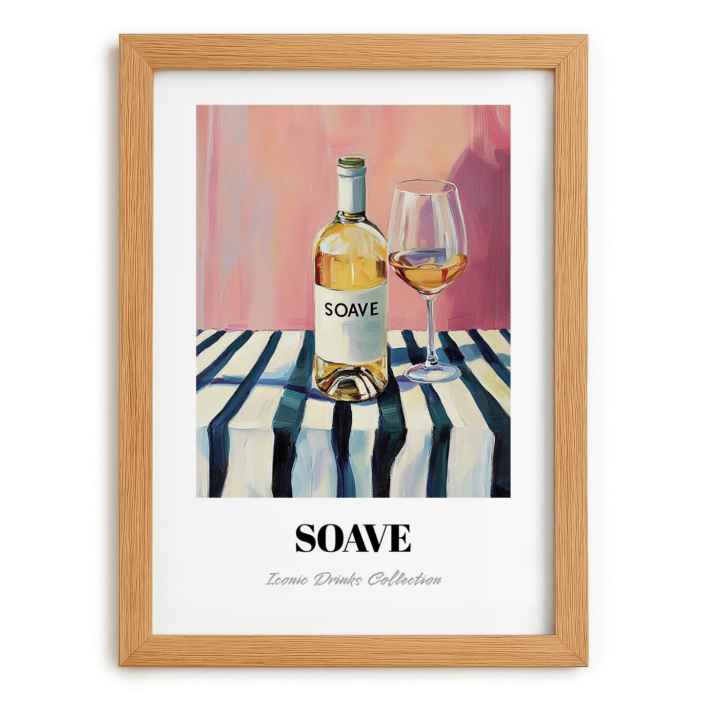 Soave – on Striped Tablecloth, Italian Wine Still Life, set in oak frame