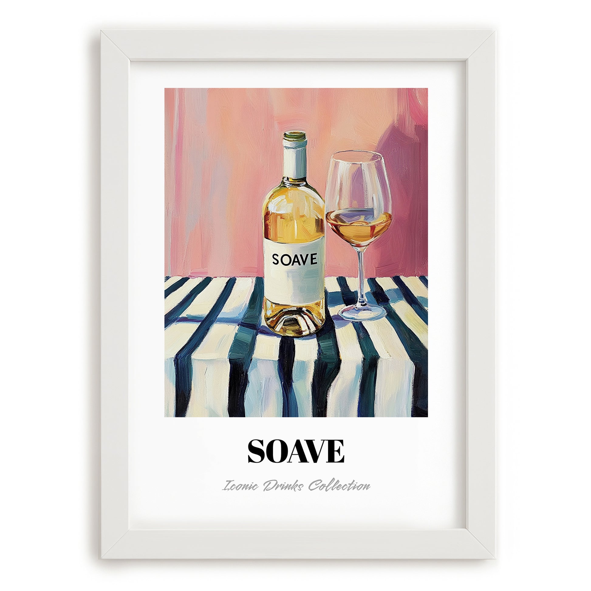 Soave – on Striped Tablecloth, Italian Wine Still Life, placed in minimal white frame