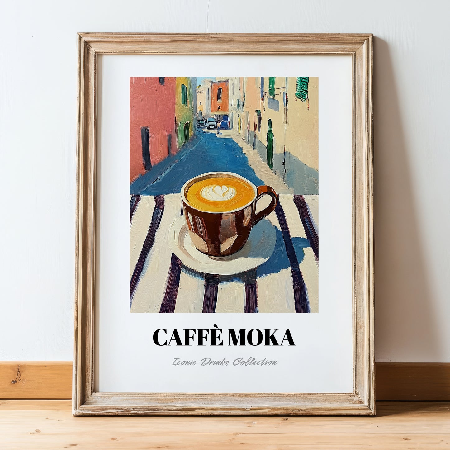 Caffè Moka – Italian Outdoor Café Scene, Italian Coffee Still Life, in wooden frame leaning on the floor