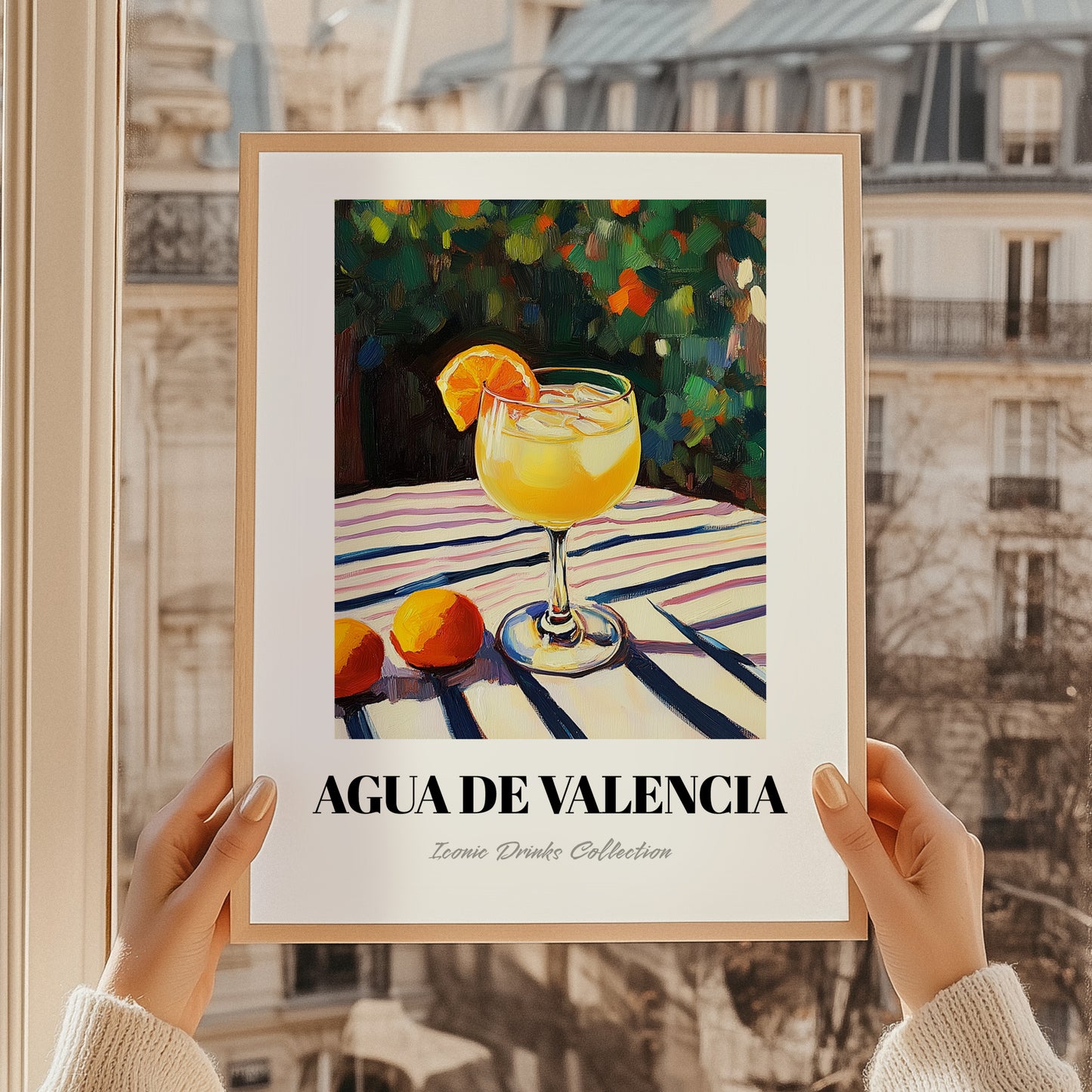 Agua De Valencia – Spanish Garden Café Scene, Spanish Cocktail Still Life, styled in a charming Paris street view