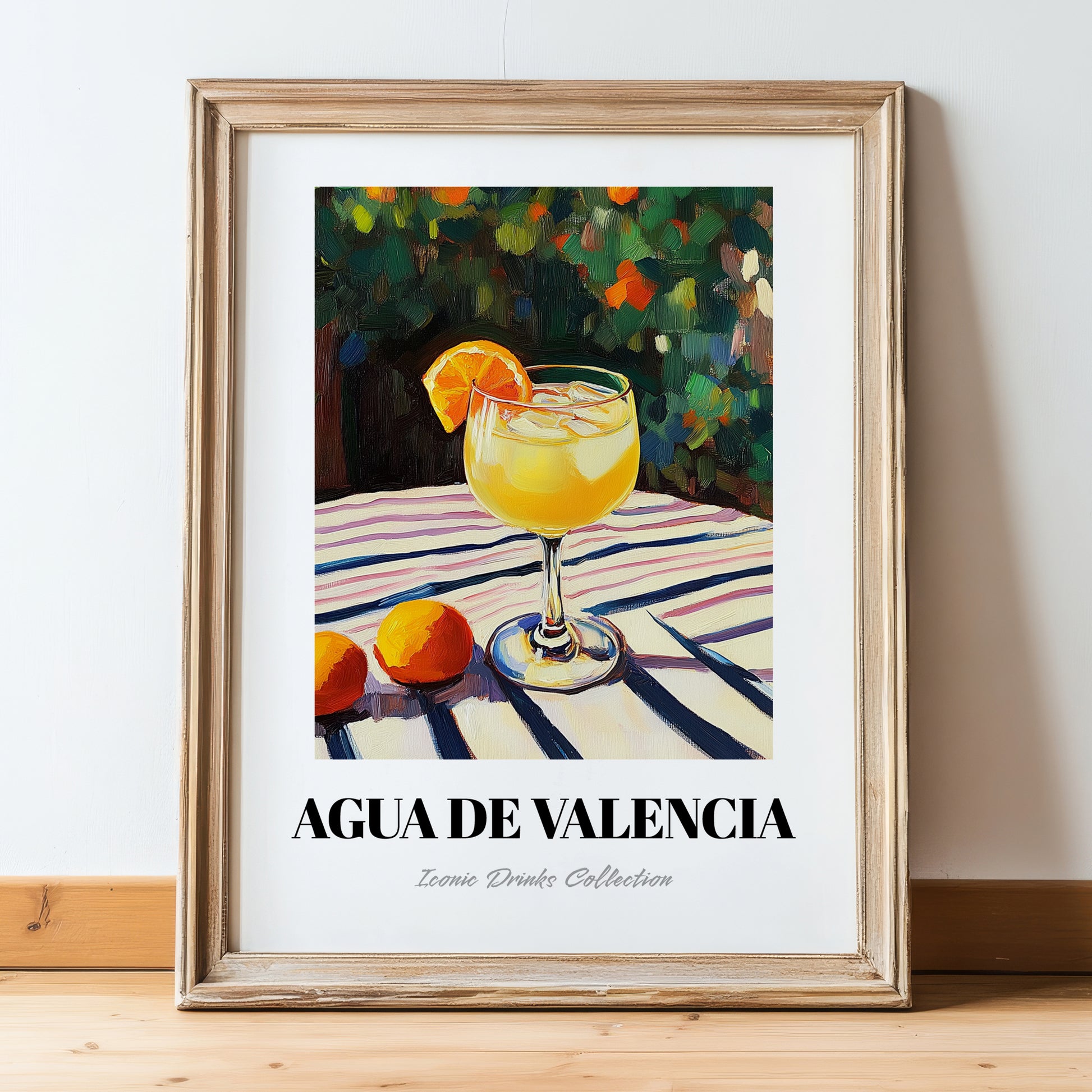 Agua De Valencia – Spanish Garden Café Scene, Spanish Cocktail Still Life, in wooden frame leaning on the floor