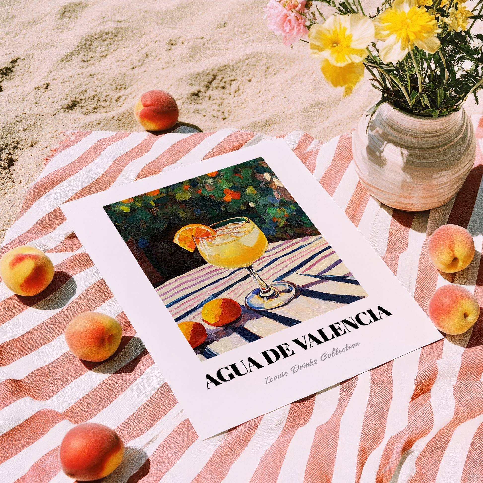 Agua De Valencia – Spanish Garden Café Scene, Spanish Cocktail Still Life, unframed on coastal sand