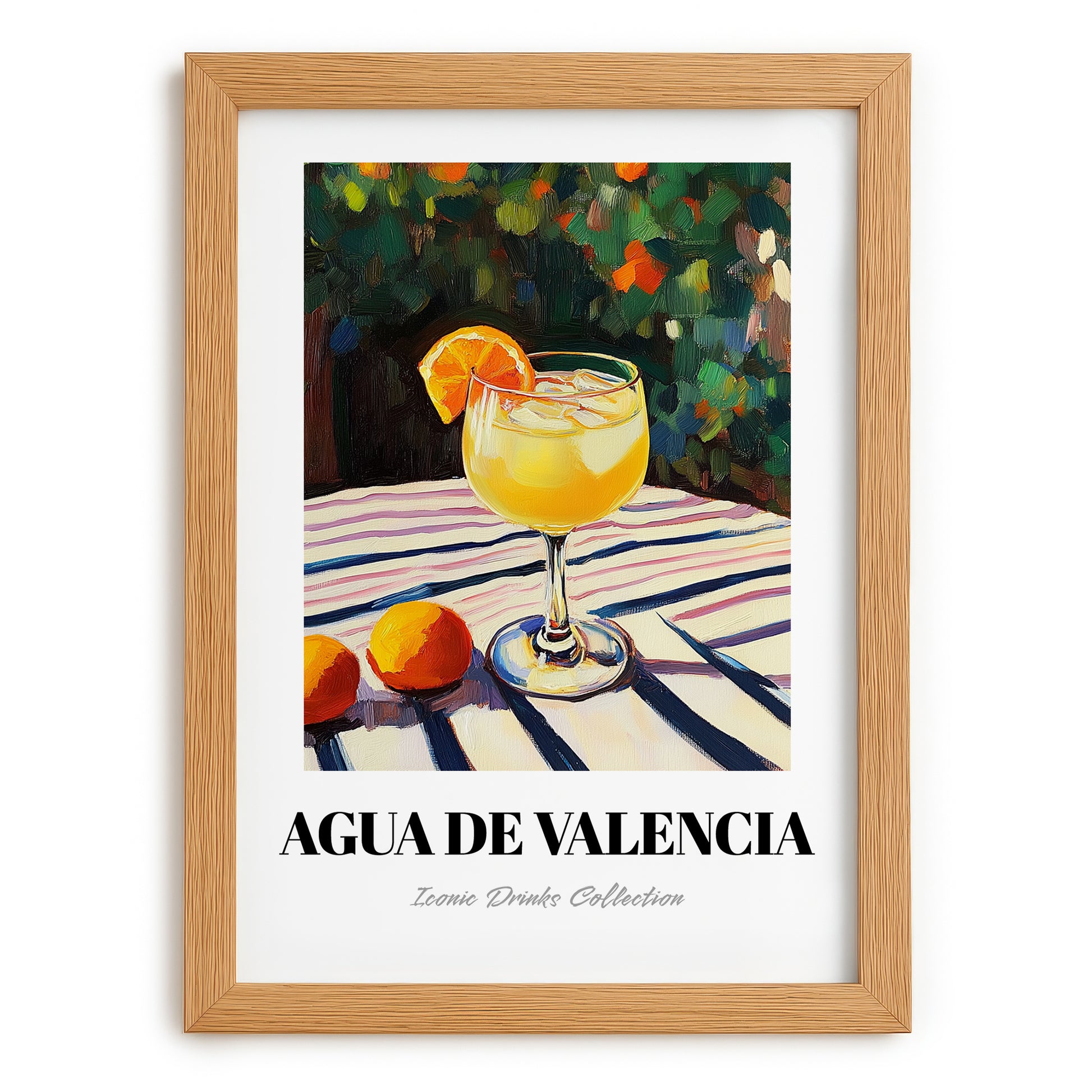 Agua De Valencia – Spanish Garden Café Scene, Spanish Cocktail Still Life, set in oak frame