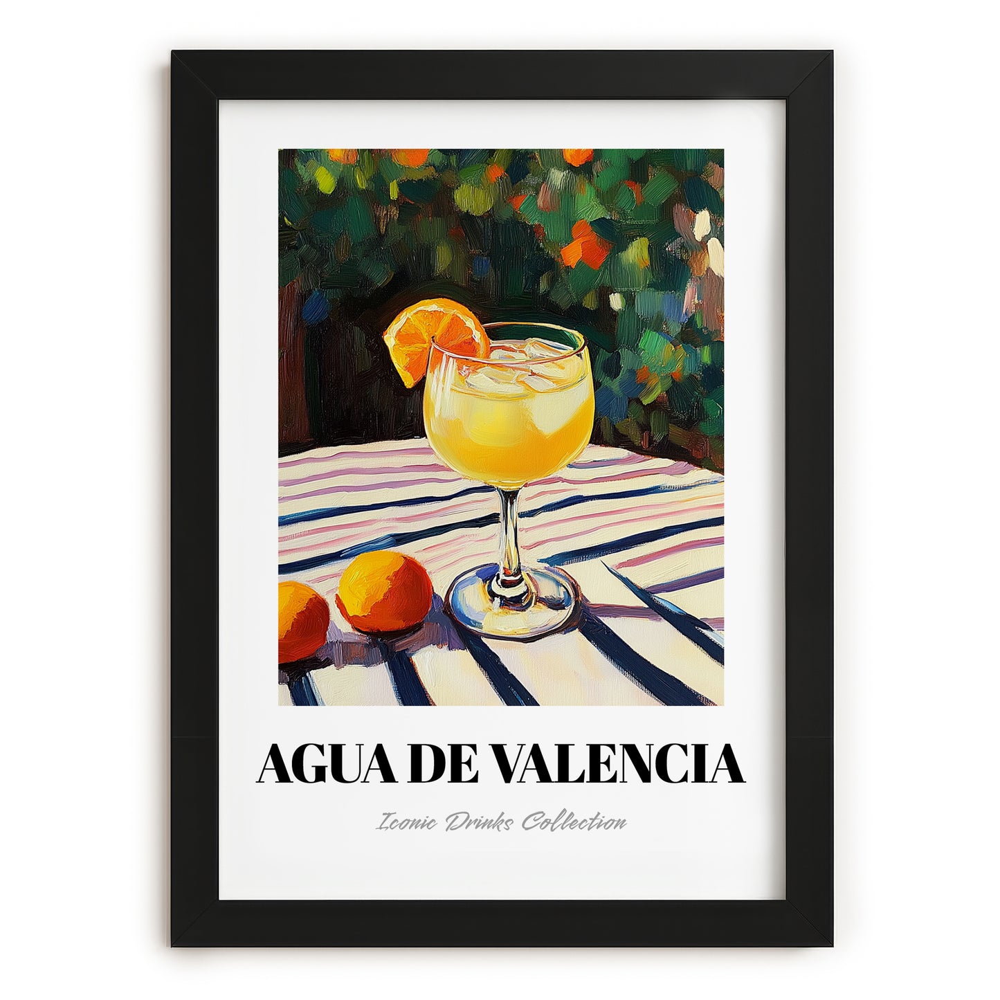 Agua De Valencia – Spanish Garden Café Scene, Spanish Cocktail Still Life, in sleek black frame
