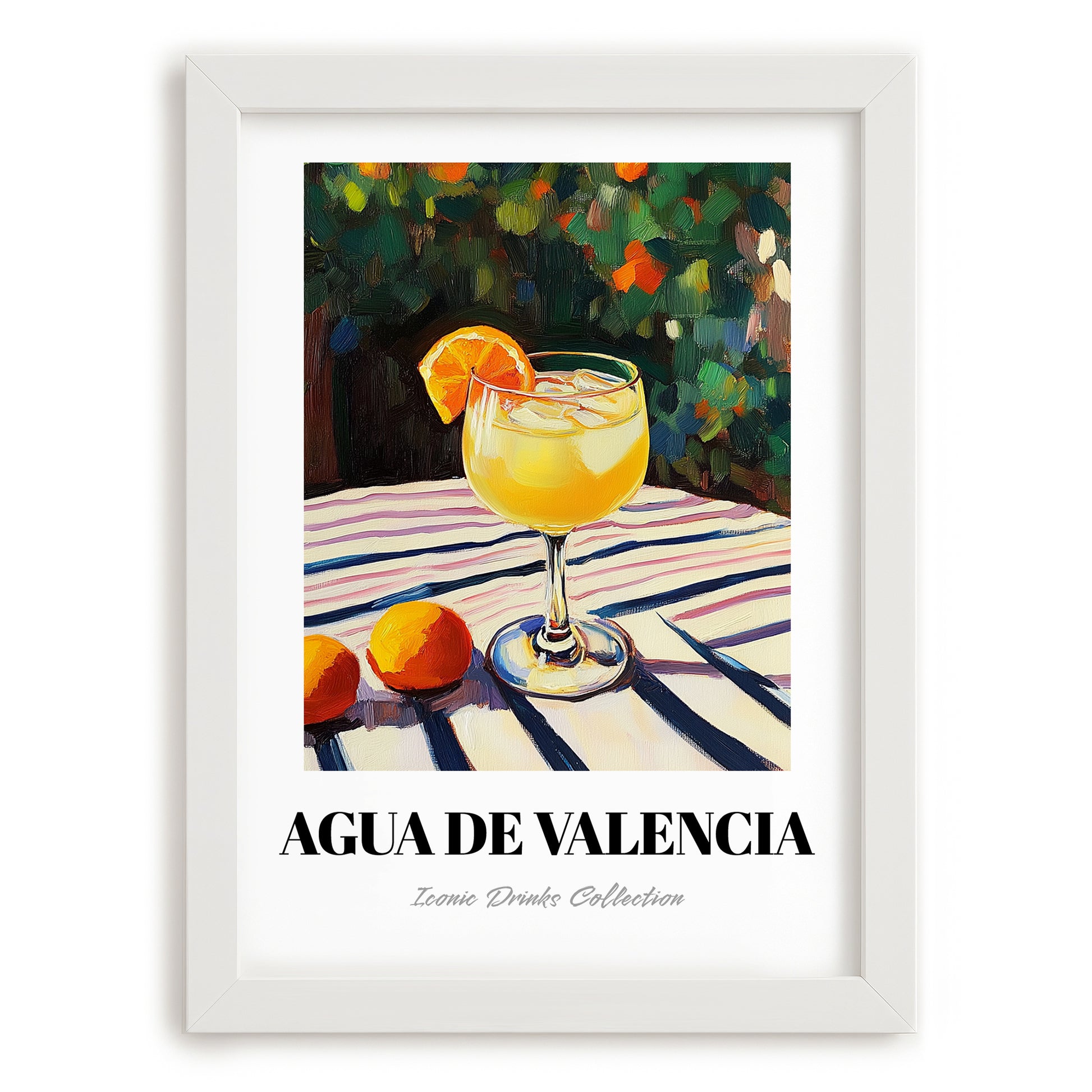 Agua De Valencia – Spanish Garden Café Scene, Spanish Cocktail Still Life, placed in minimal white frame
