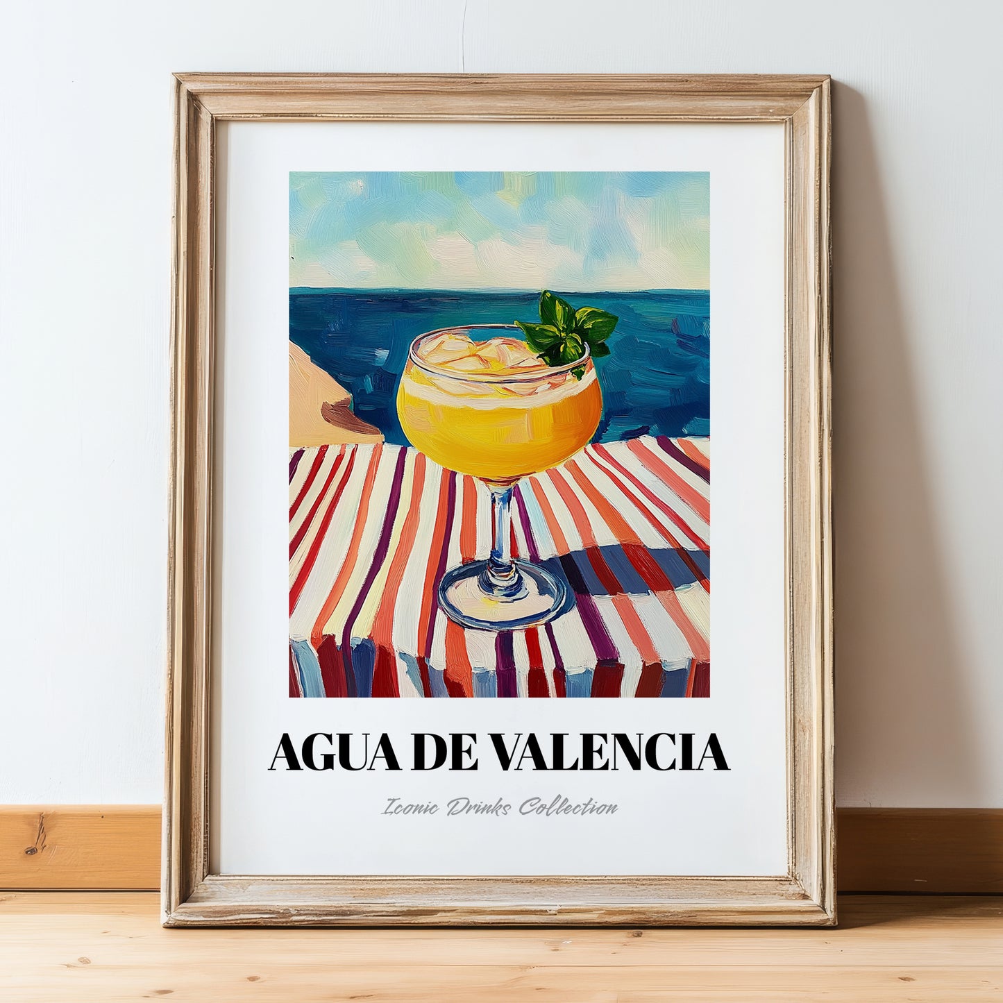 Agua De Valencia – Spanish Coastal Café Moment, Spanish Cocktail Illustration, in wooden frame leaning on the floor